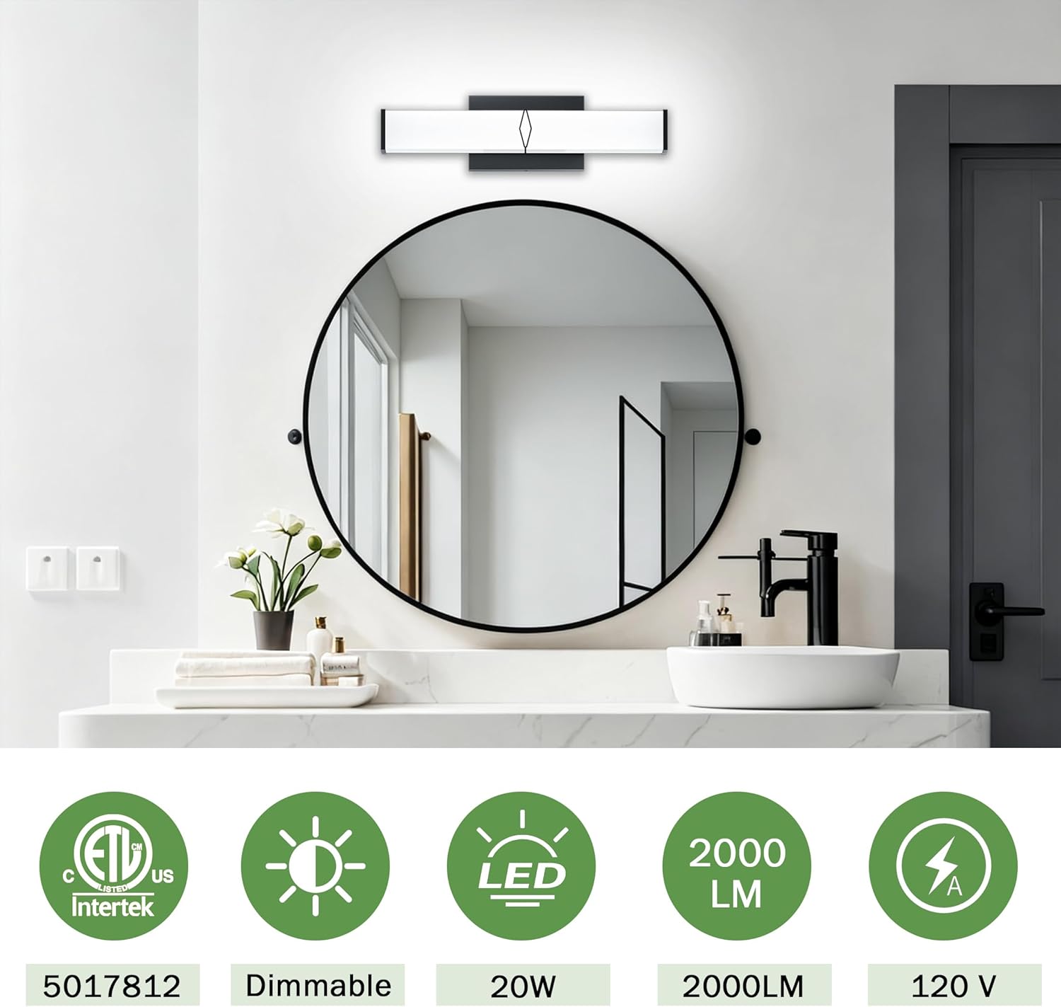16 Inch Bathroom Vanity Light 2000LM, 5700K Daylight White Modern Bathroom Light Dimmable, AC 120V 20W Matte Black LED Vanity Lighting Fixtures Wall Sconce ETL Certified, 1Pack