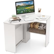 SFAREST Corner Computer Desk with Shelves, 90  Triangle Wooden Study Writing Table Cable Management Holes, Space Saving Compact Study Workstation for Bedroom Living Room Office White