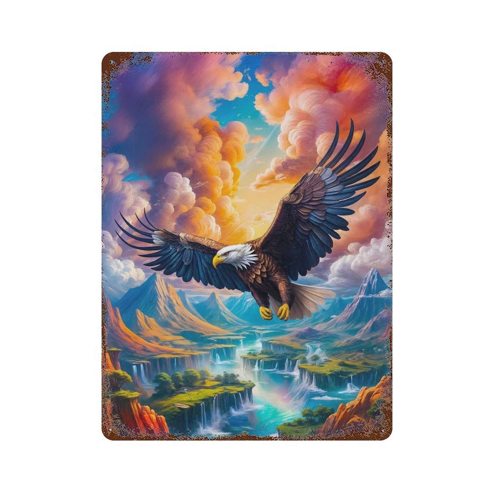 Majestic Eagle Flight Weathered Tin Sign 15.7"x11.8", Rustic Home Decor for Office, Studio And Wall Decor