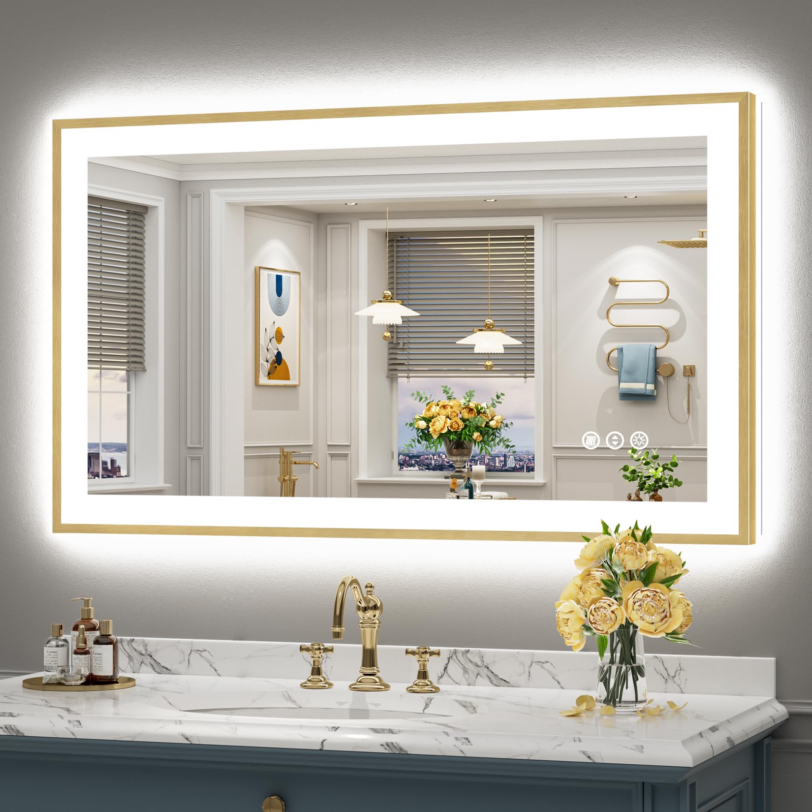48x28 Gold LED Bathroom Mirror with Lights, Lighted Vanity Mirror