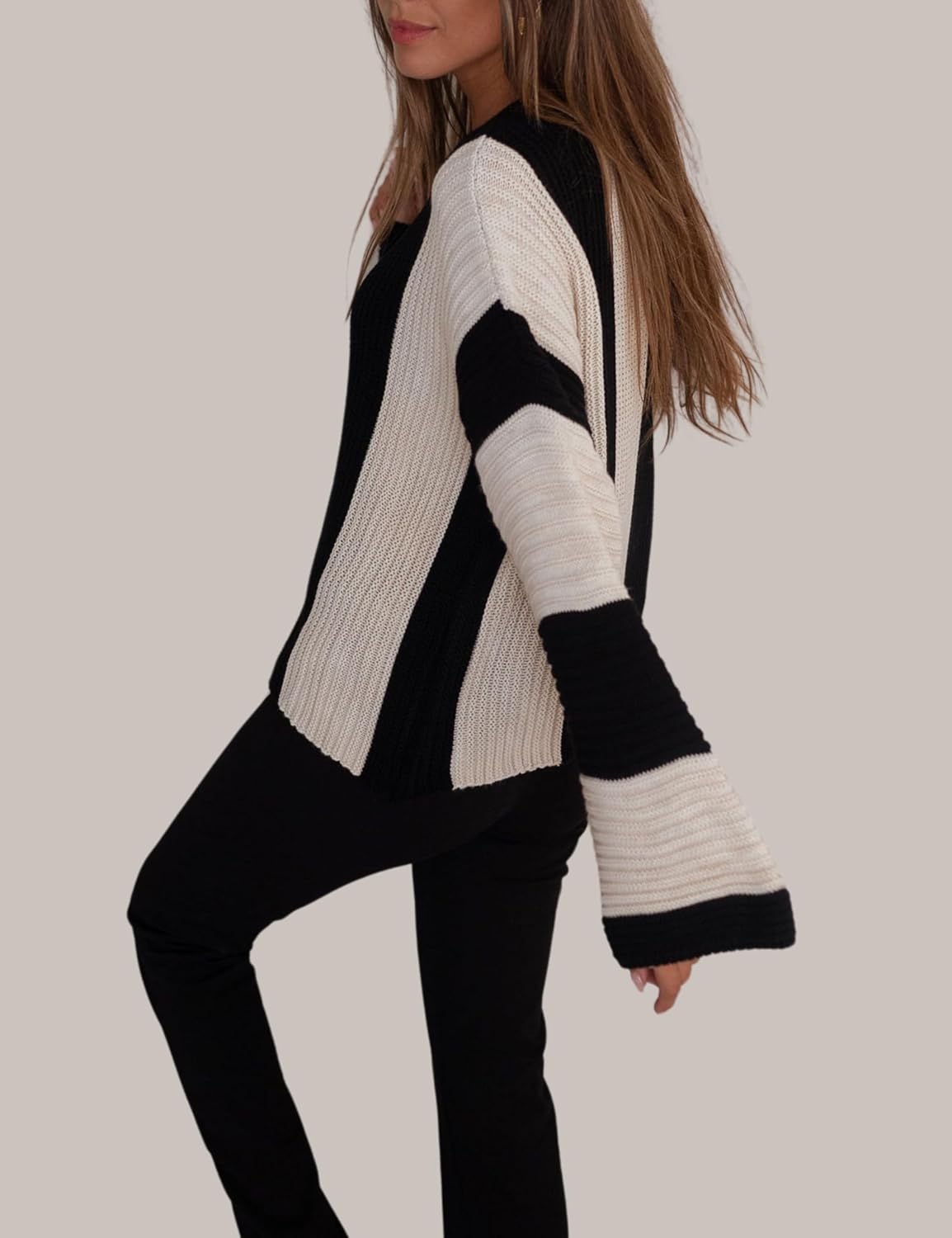 InterNos Womens Striped Bell Sleeve Pullover Sweater Loose Color Block Crew Neck Vertical Knitwear - Image 6