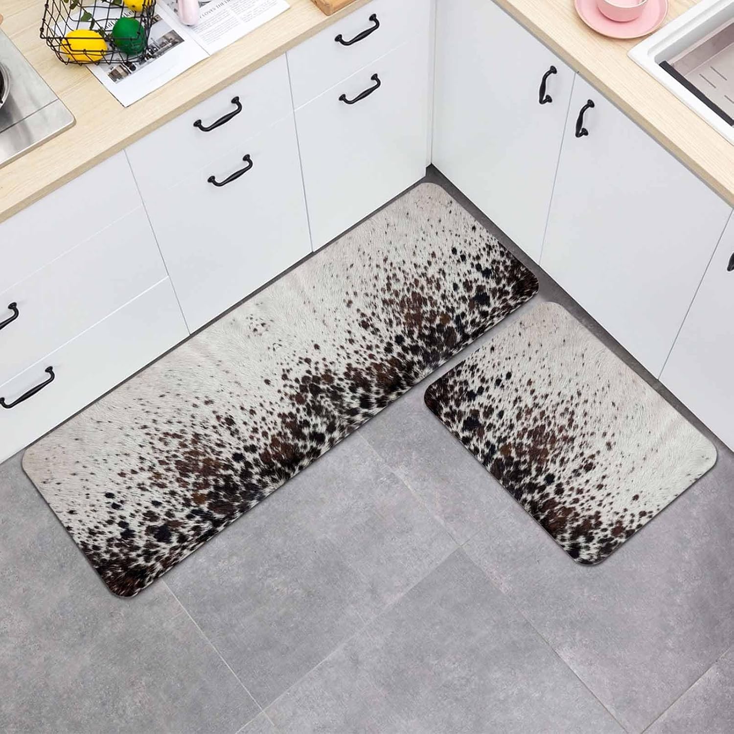 Brown Animal Fur Texture Kitchen Mat Set 2 Pieces Country Farm Animal Classic White Brown Spots Non Slip Kitchen Rugs Washable Runner Rug Mats for Floor Sink Laundry Office 19.7" x 31.5"+19.7" x 47.2"