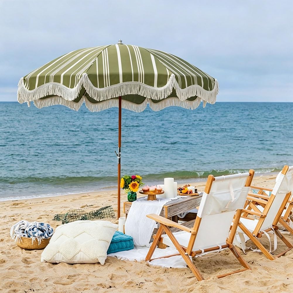 200 cm Vintage Parasol Plażowy w Paski z Frędzlami; Składany Parasol Ogrodowy w Boho z Drewnianym Trzonkiem i 8 Żebrami z Włókna Szklanego