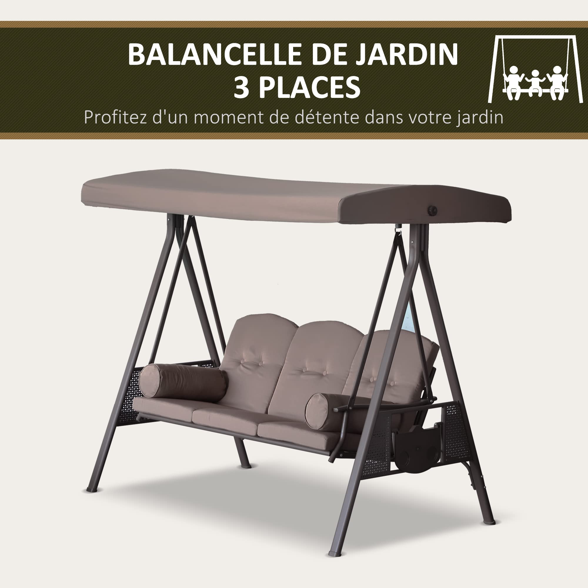 Outsunny Balancelle de Jardin 3 Places Toit Inclinaison réglable Coussins Plateaux rétractables Polyester Marron