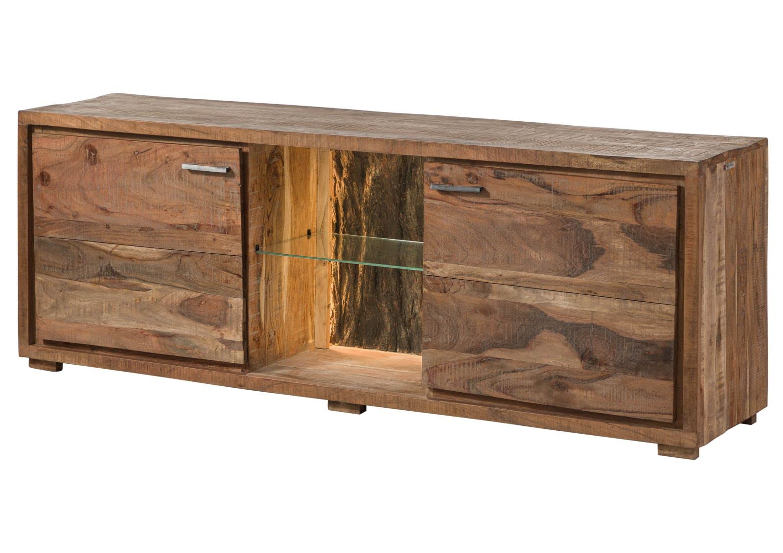 Baumrinde TV Lowboard Fernsehtisch | Vintage Landhaus Stil, Holz massiv, LED Beleuchtung