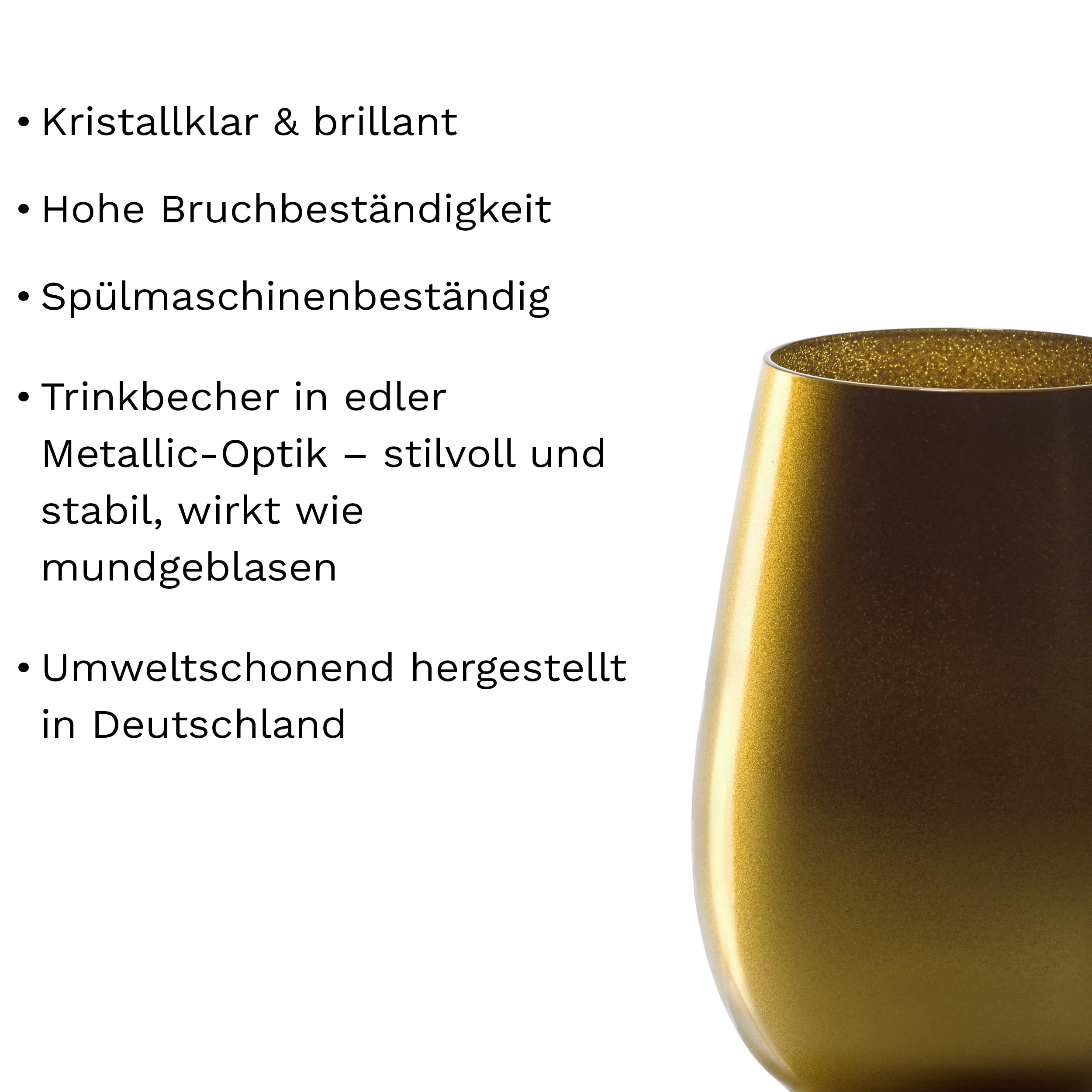 Stölzle Lausitz Elements Metallic Wassergläser Gold 465 ml, 6er-Set | Goldfarbene Wasser-, Saft- und Allroundgläser für Cocktails und Getränke, aus Kristallglas, stoßfest & spülmaschinengeeignet
