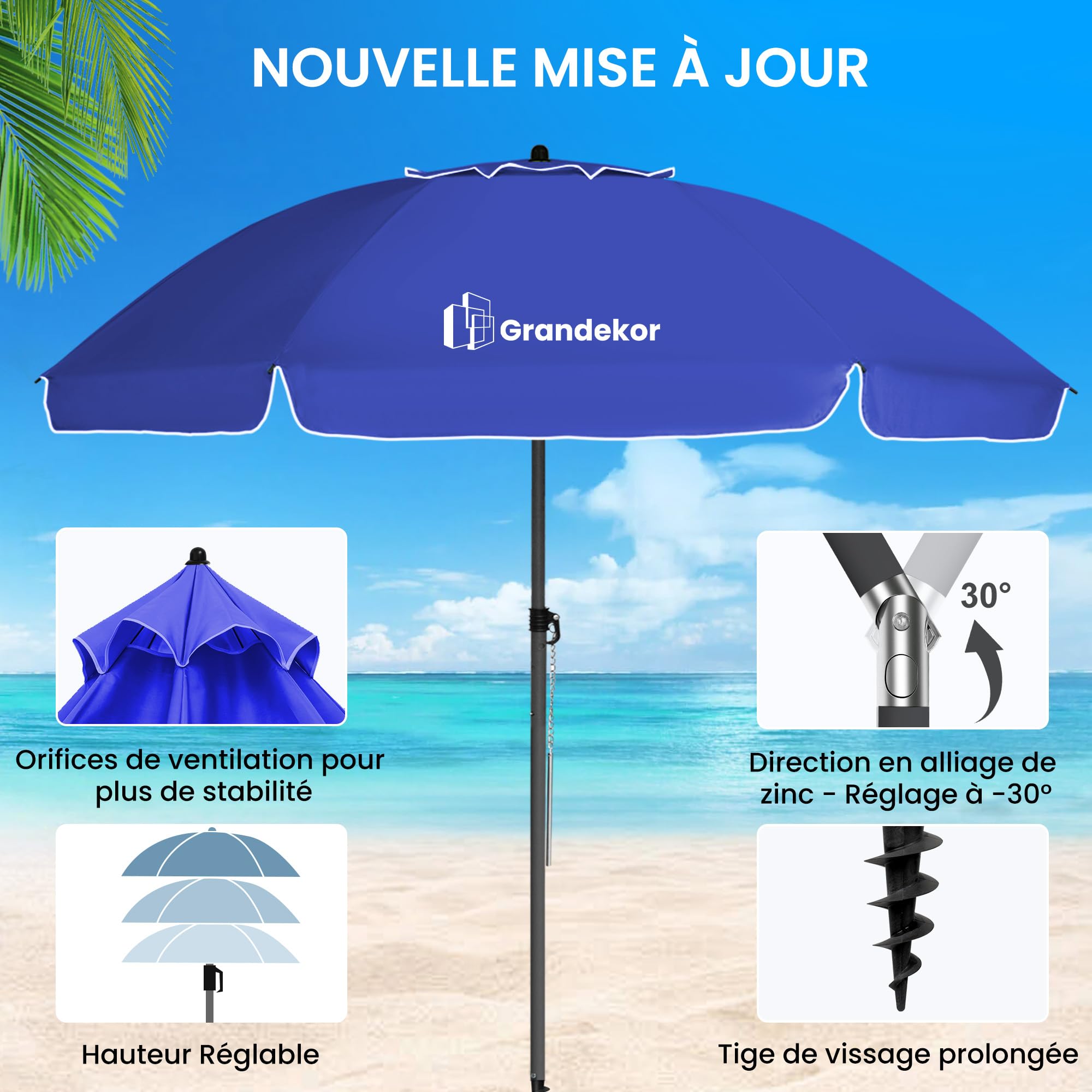 Grandekor Parasol de Plage, Parasol de Jardin Exterieur, UV50+, Ombrelle réglable en Hauteur et Inclinaison, avec Ancre de Plage de 12cm, pour Plage, Balcon & terrasse, 200cm, Bleu