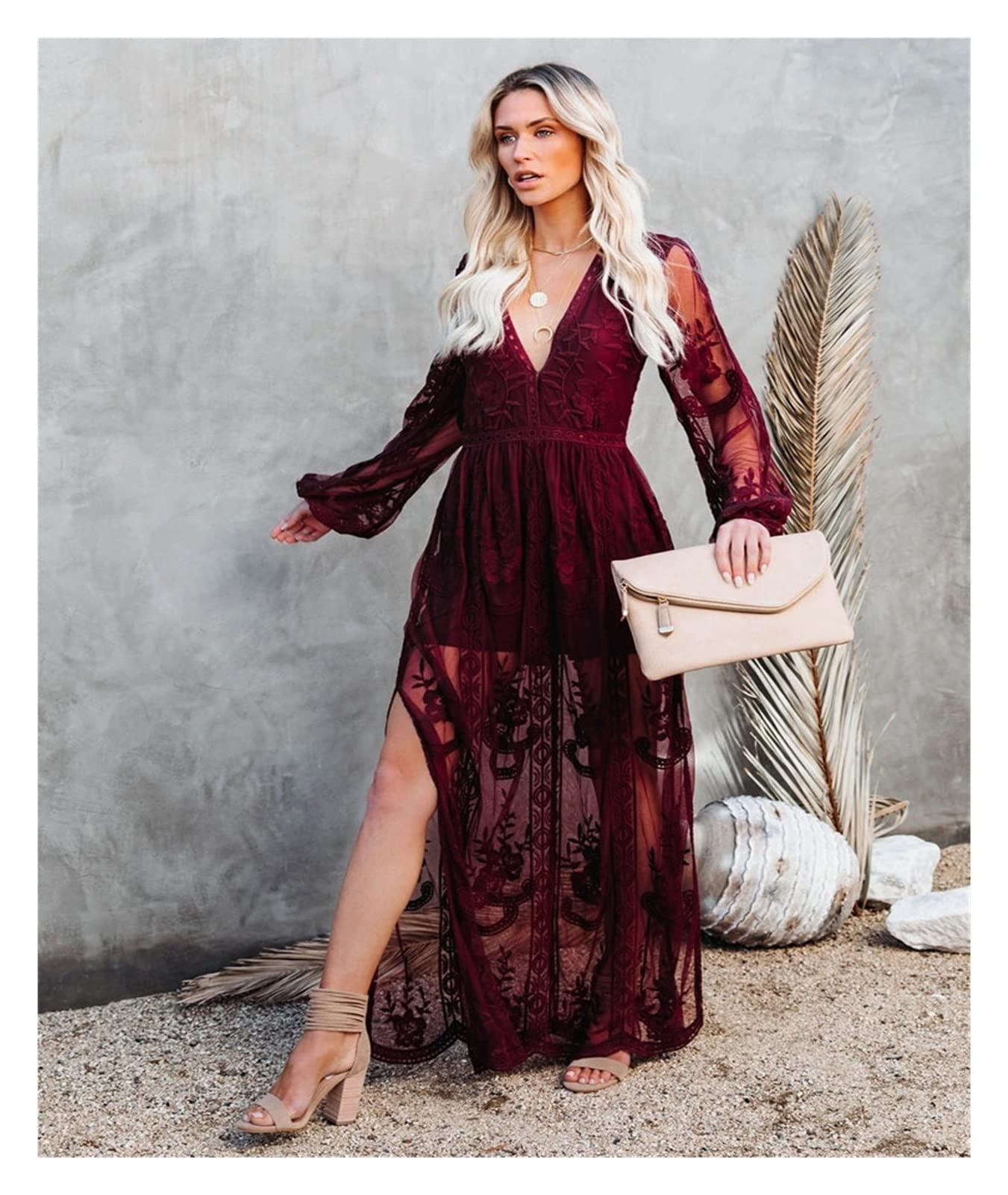 Vestido de Playa Túnica Blanca Larga Bikini encubrimientos Sexy Cuello en V Profundo Slip Maxi Vestido Ropa de Verano Mujeres Traje de baño Cubrir Bikini Cover Up (Color : Maroon, Size : L)