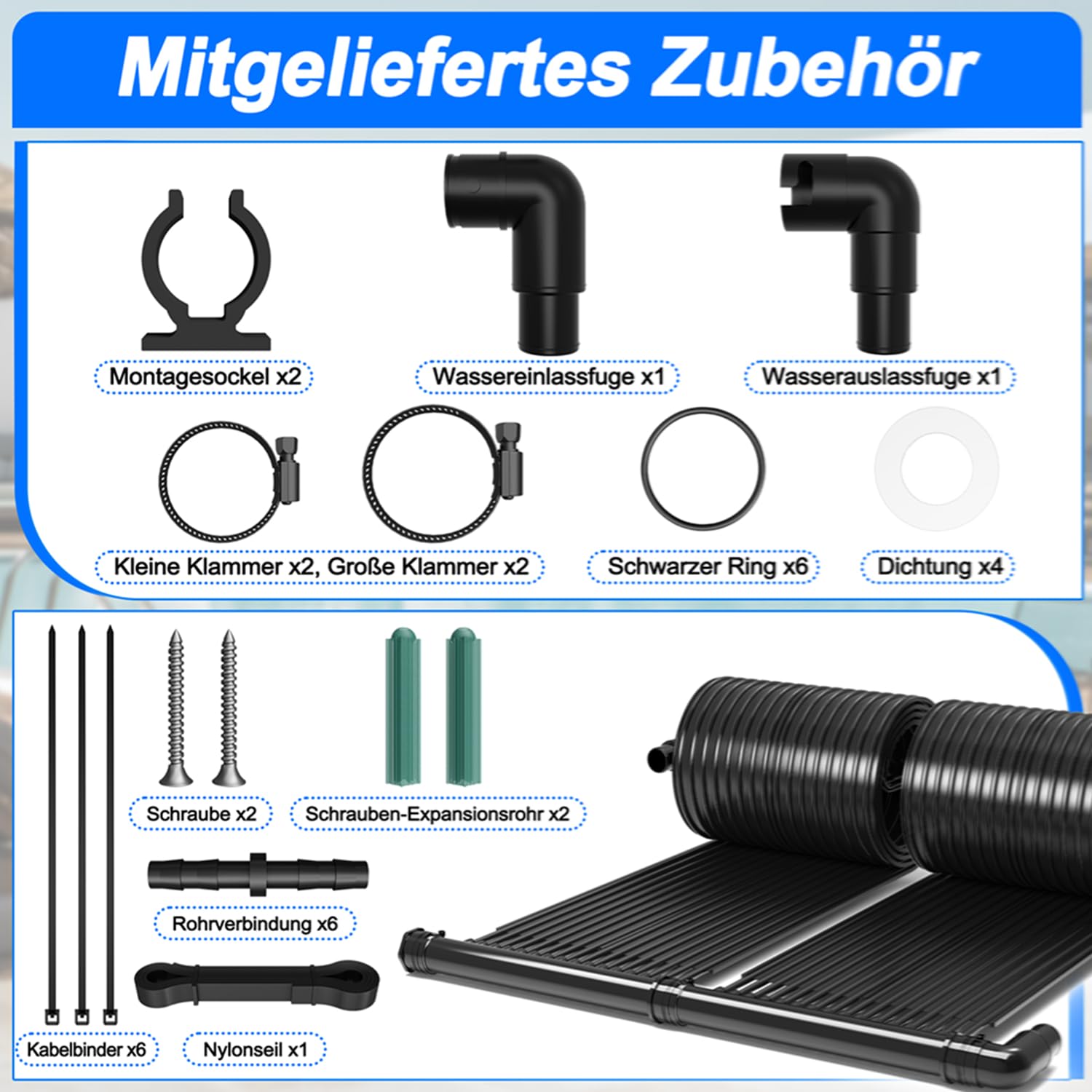 LZQ Solar Poolheizung Set 400x70 cm, Solarheizung Solarkollektor Pool Schwimmbad Solarabsorber Warmwasser mit Schlauchschellen & Rohrverbindern, modular, Heizmatte Solarmatte Sonnenkollektor
