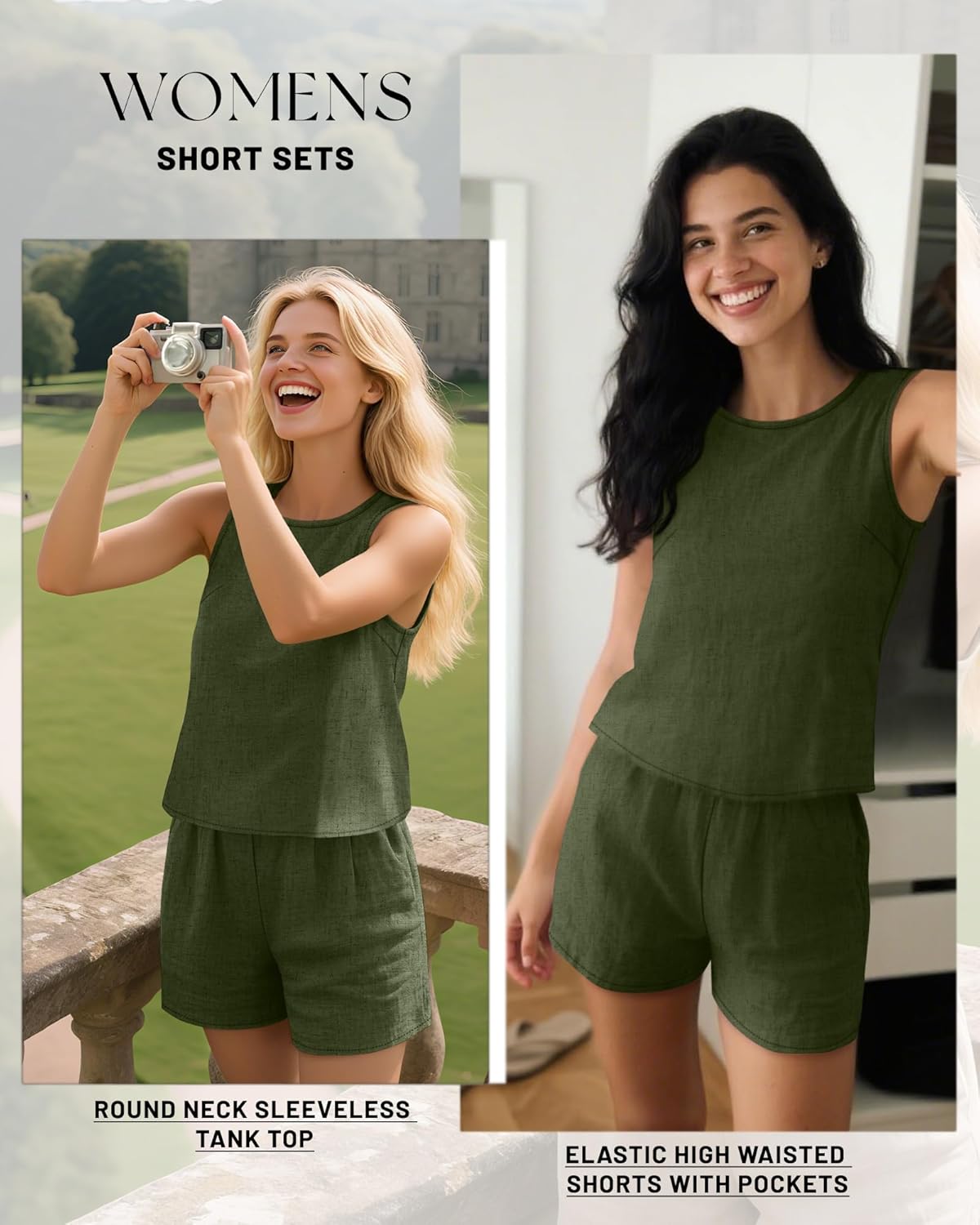 Ficerd Womens 2 Piece Summer Linen Outfits Short Sets Round Neck Sleeveless Tank Top Elastic High Waisted Shorts with Pockets(Army Green,X-Large) - Image 4