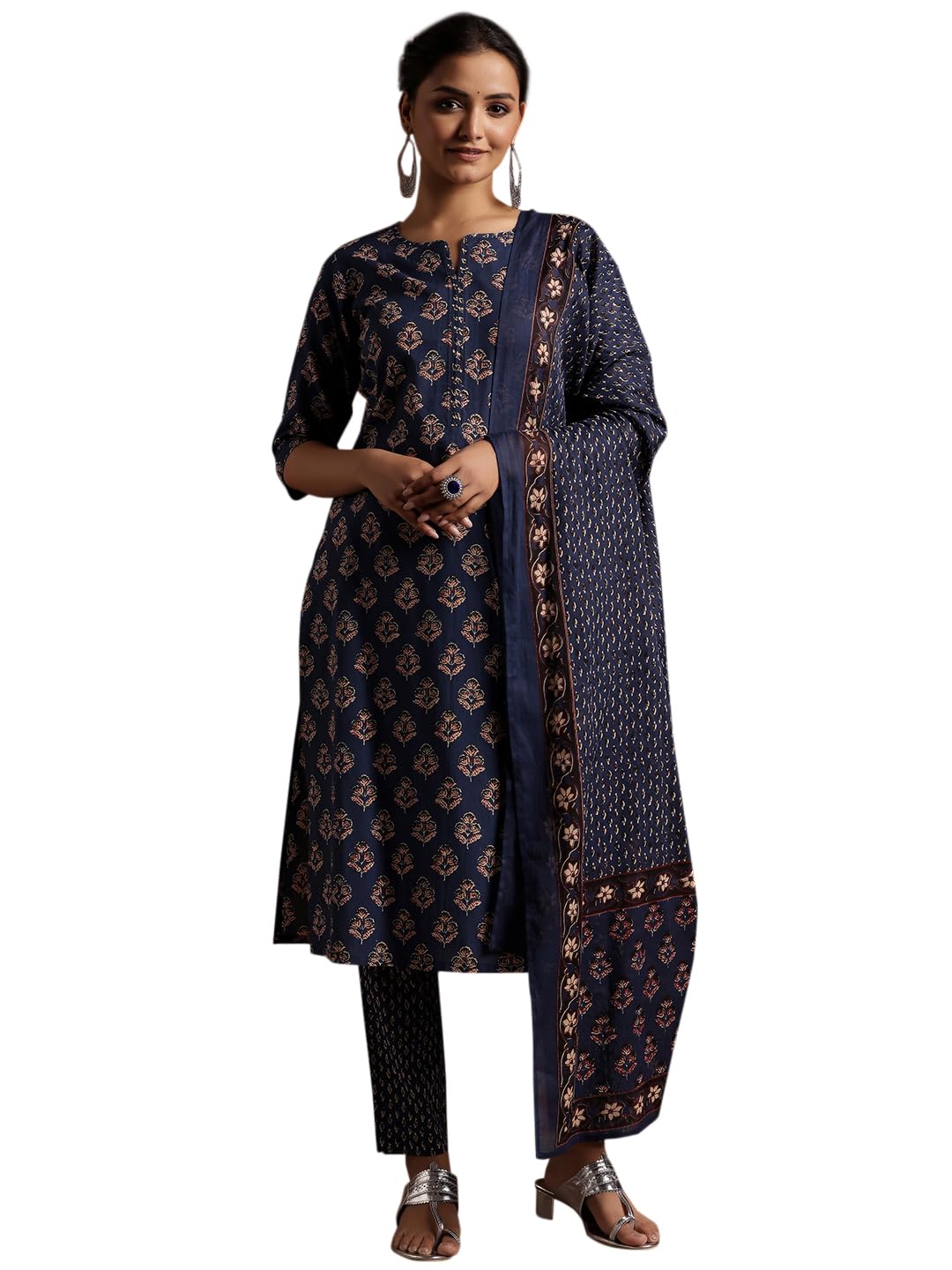 Printed Cotton Straight Kurta With Trousers and Dupatta