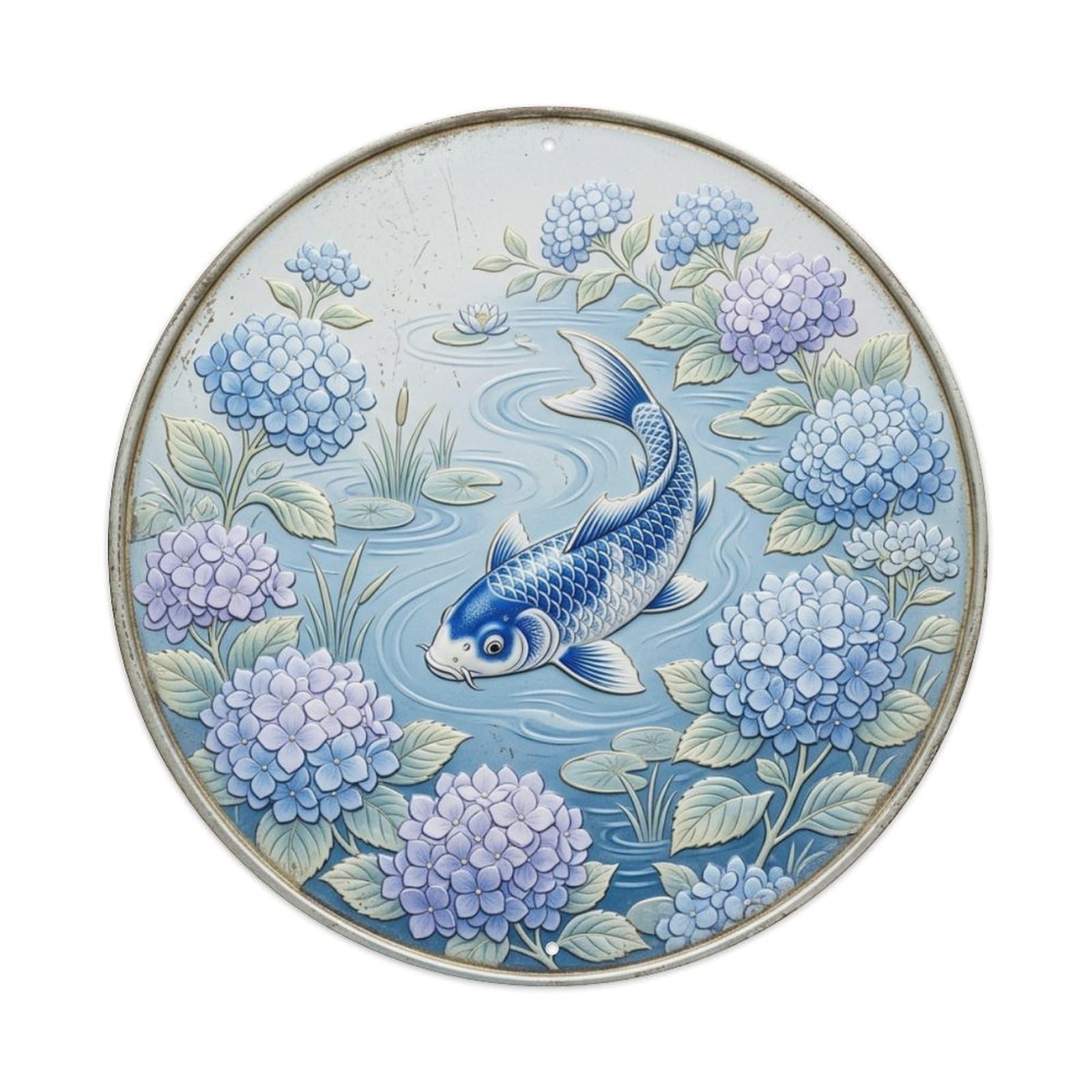 Hydrangea Summer Blue Koi Fish Vintage Metal Tin Sign Plaque Wall Decor for Cafe, Club Bar, Office, Garden Metal Poster 8x8Inch