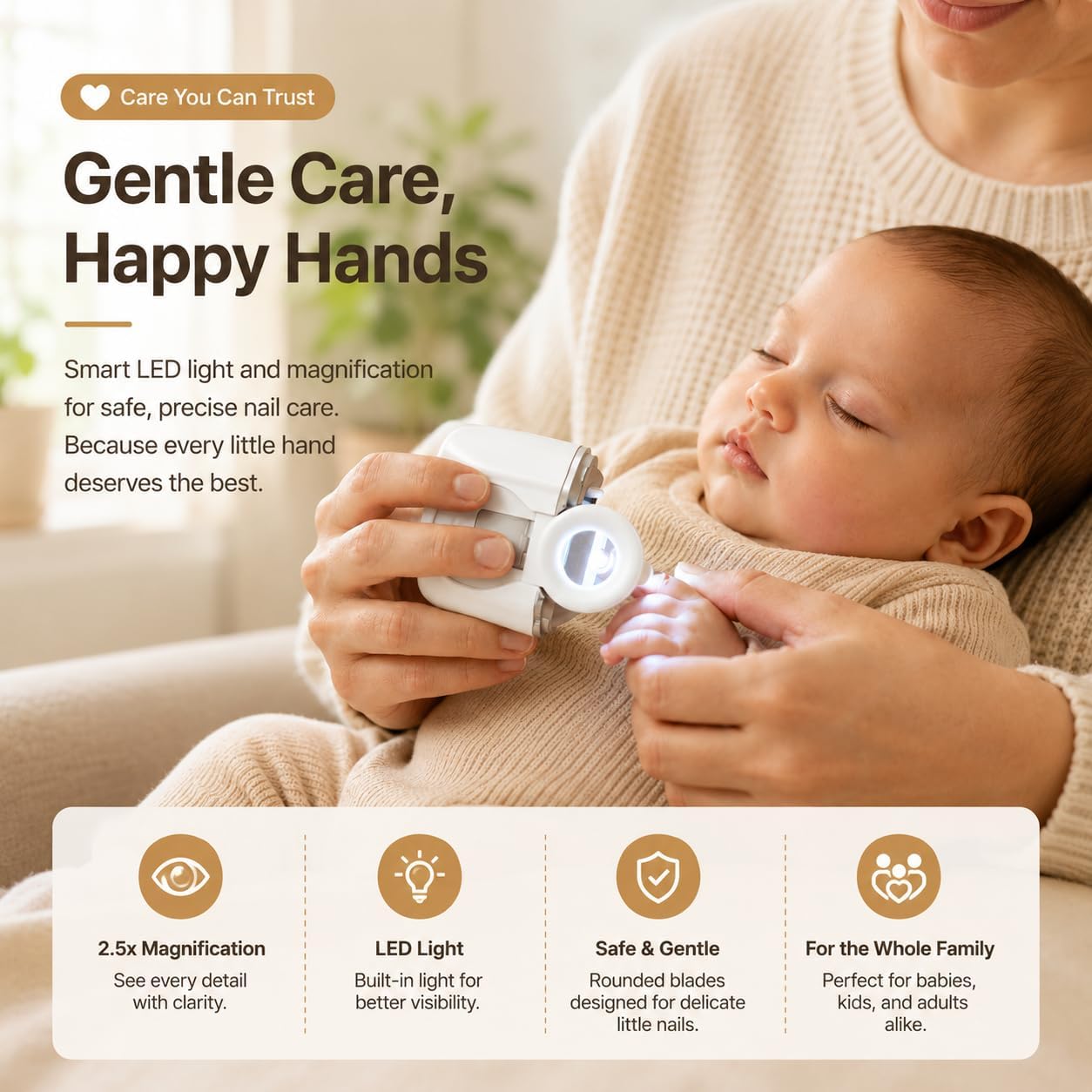 Electric Nail Clipper for Seniors and Babies, Automatic Nail Trimmer with LED Light & Magnifier, 3-Speed Nail Grinder with Catcher, Rechargeable Toenail Clippers for Thick Nails, Home & Travel (White)