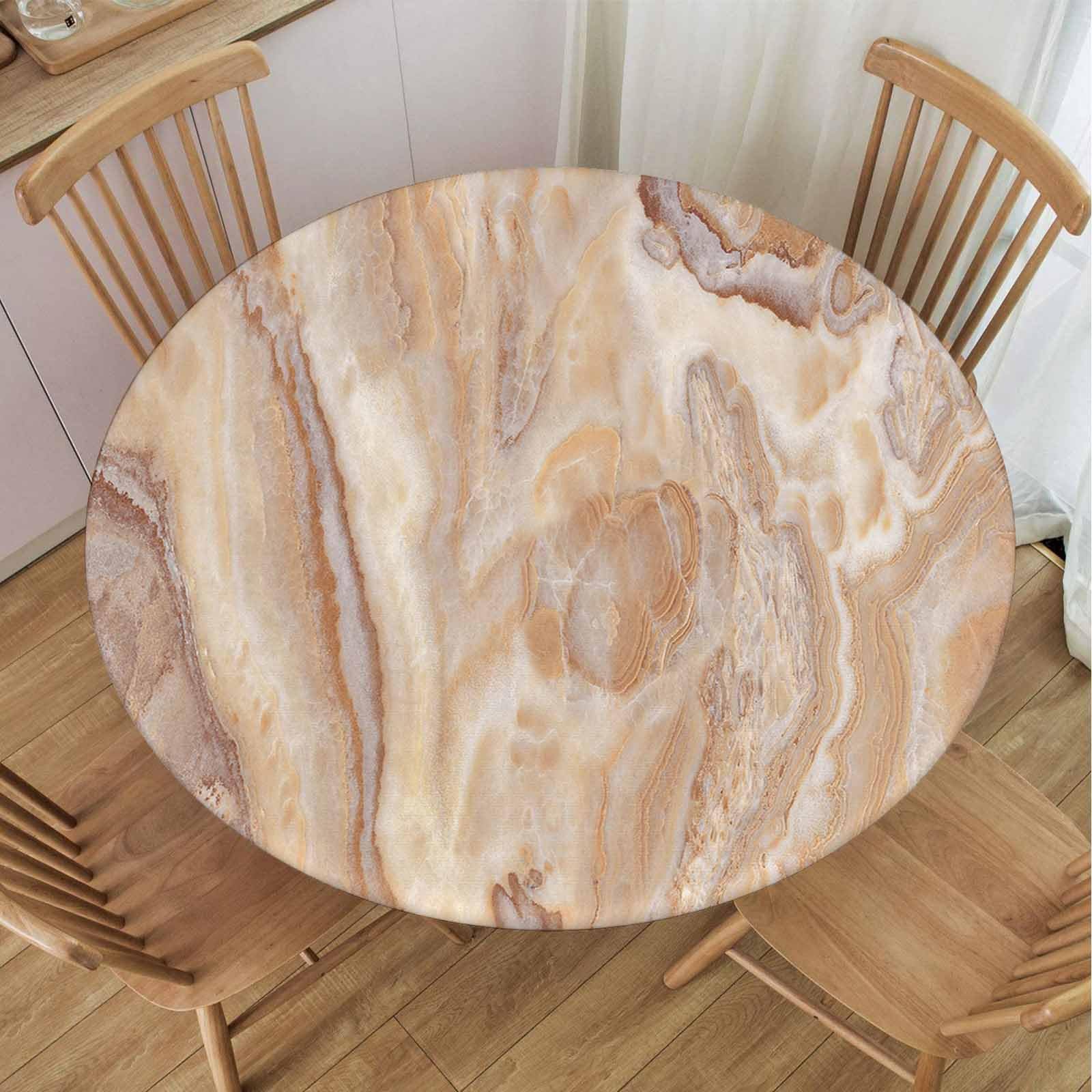TREGAUSI Fitted Tablecloth for Round Table Marble Tablecloths with Elastic Edge Waterproof Cloth Light Brown Texture Cover for Home Party Indoor