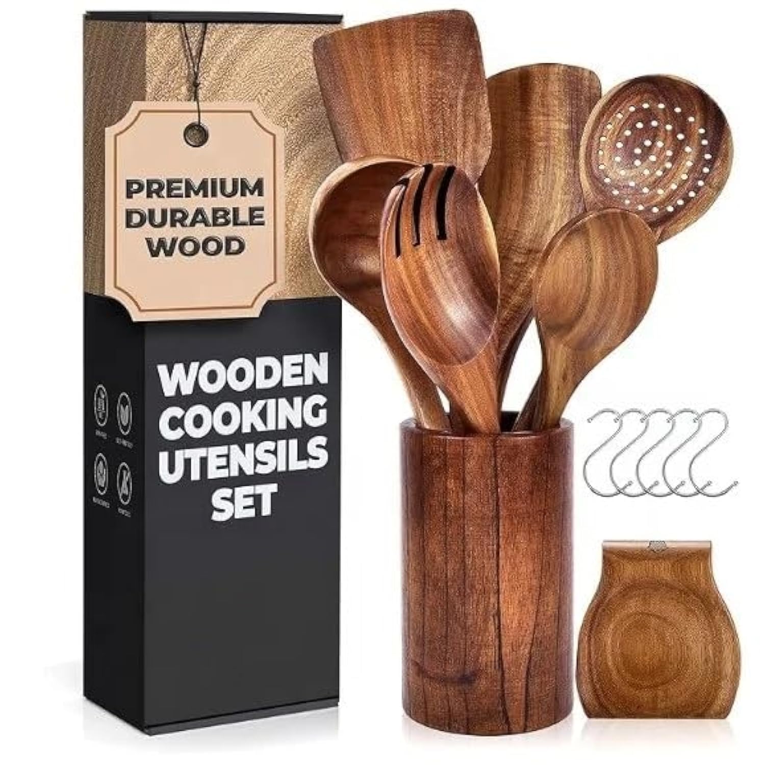 CHEF NEST100% Natural Teak Wood Kitchen Utensil Set, 8pcs with Holder, Hooks & Tray – Durable, Nonstick, Eco-Friendly Cooking Tools for a Modern Culinary Experience