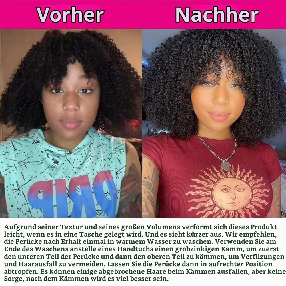 Afro Kinky Curly Human Hair Wig with Bangs for Women None Lace Human Hair Glueless Wig 180% Density Small Curly Human Hair Wigs for Black Women Afro Wig 12 Inch