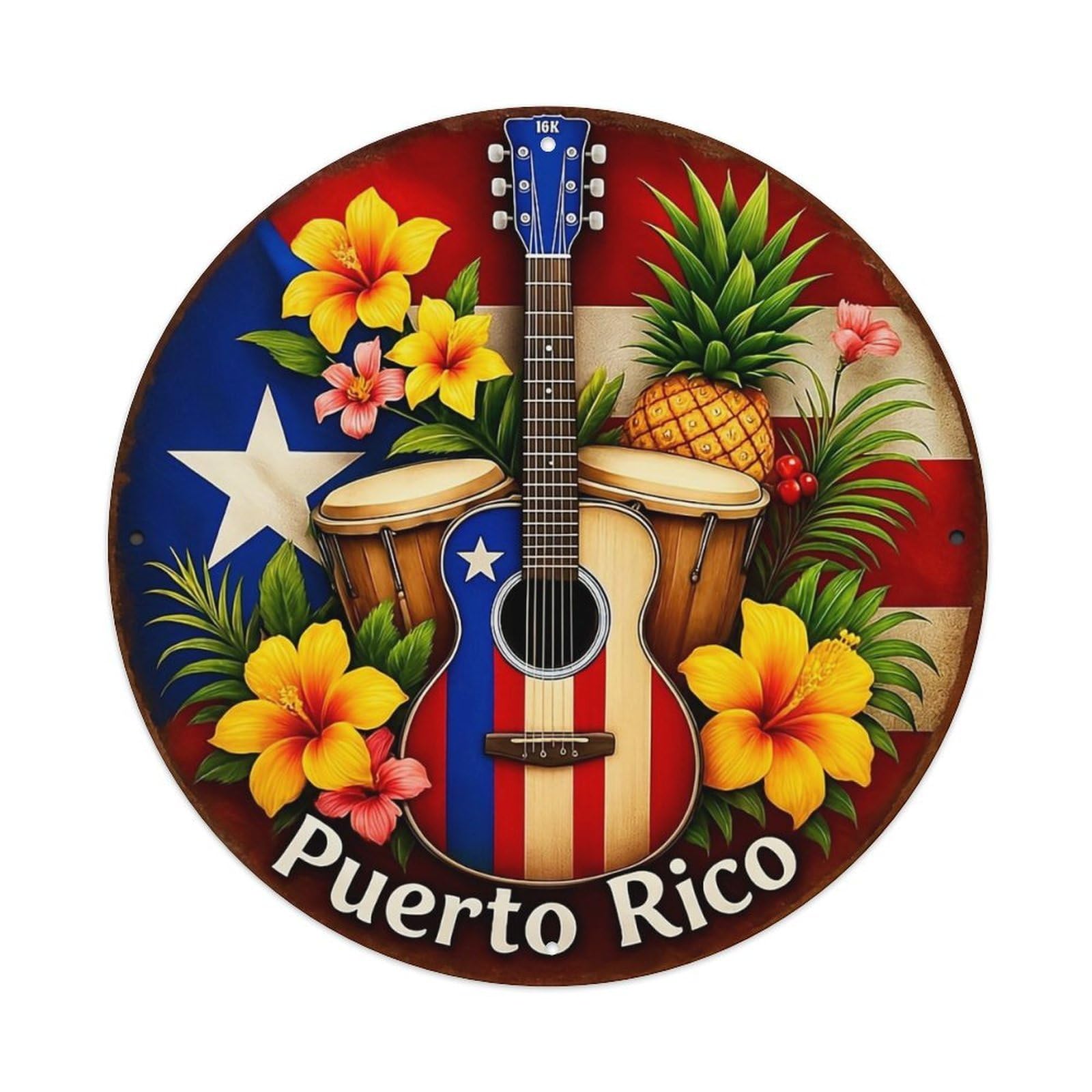 Jdyaojiesheng Vintage Puerto Rico Flag Guitar Flowers Pineapple Round Tin Sign Retro Metal Wall Decor Metal Poster, Home Bar Garage Farmhouse Cafe Wall Art Decoration 8X8inch