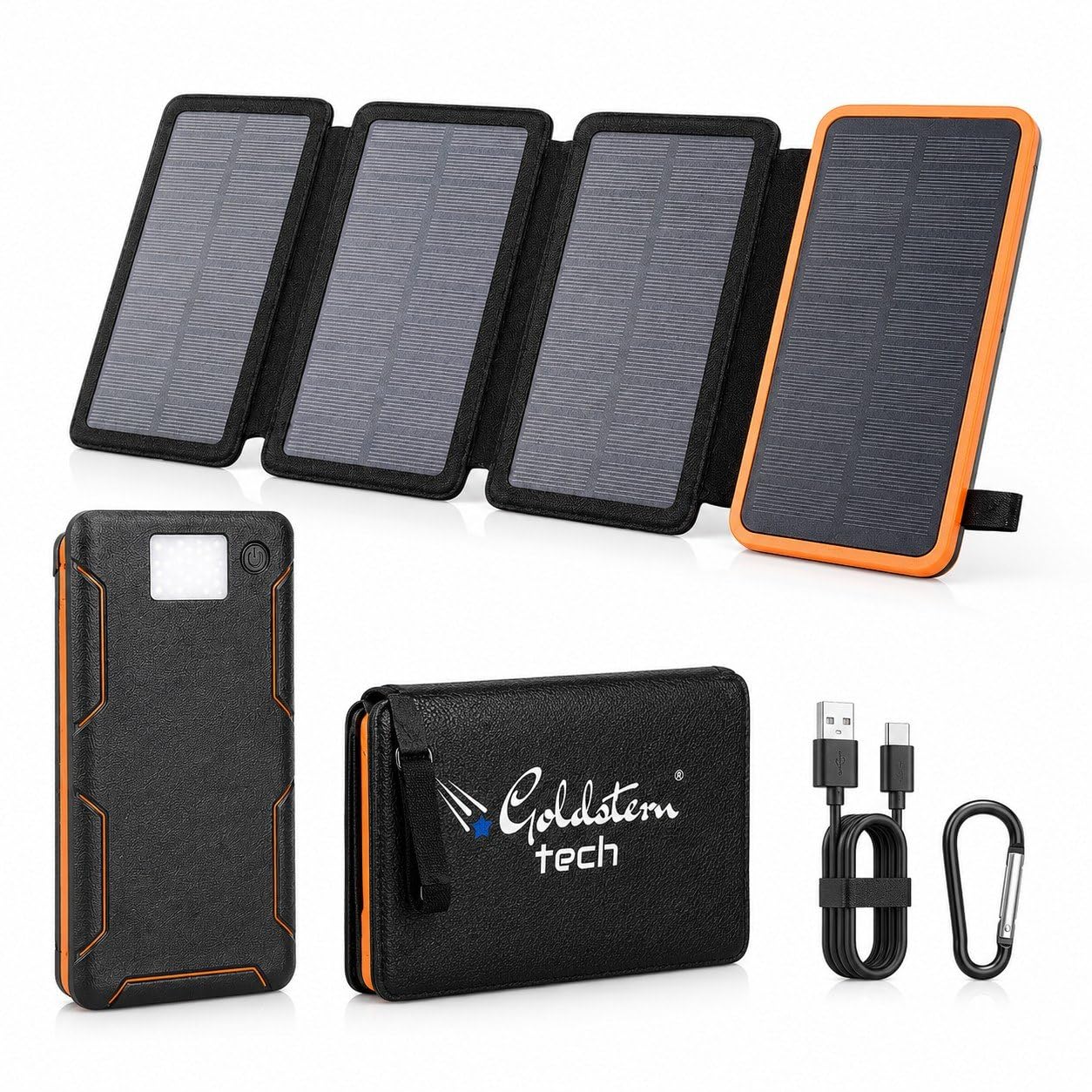 Solar Powerbank 36.800mAh, 4 Solarpanels, 15W Schnellladen, USB-C & QC 3.0, LED-Taschenlampe, Outdoor Ladegerät für Smartphone, Tablet, Camping & Reisen.