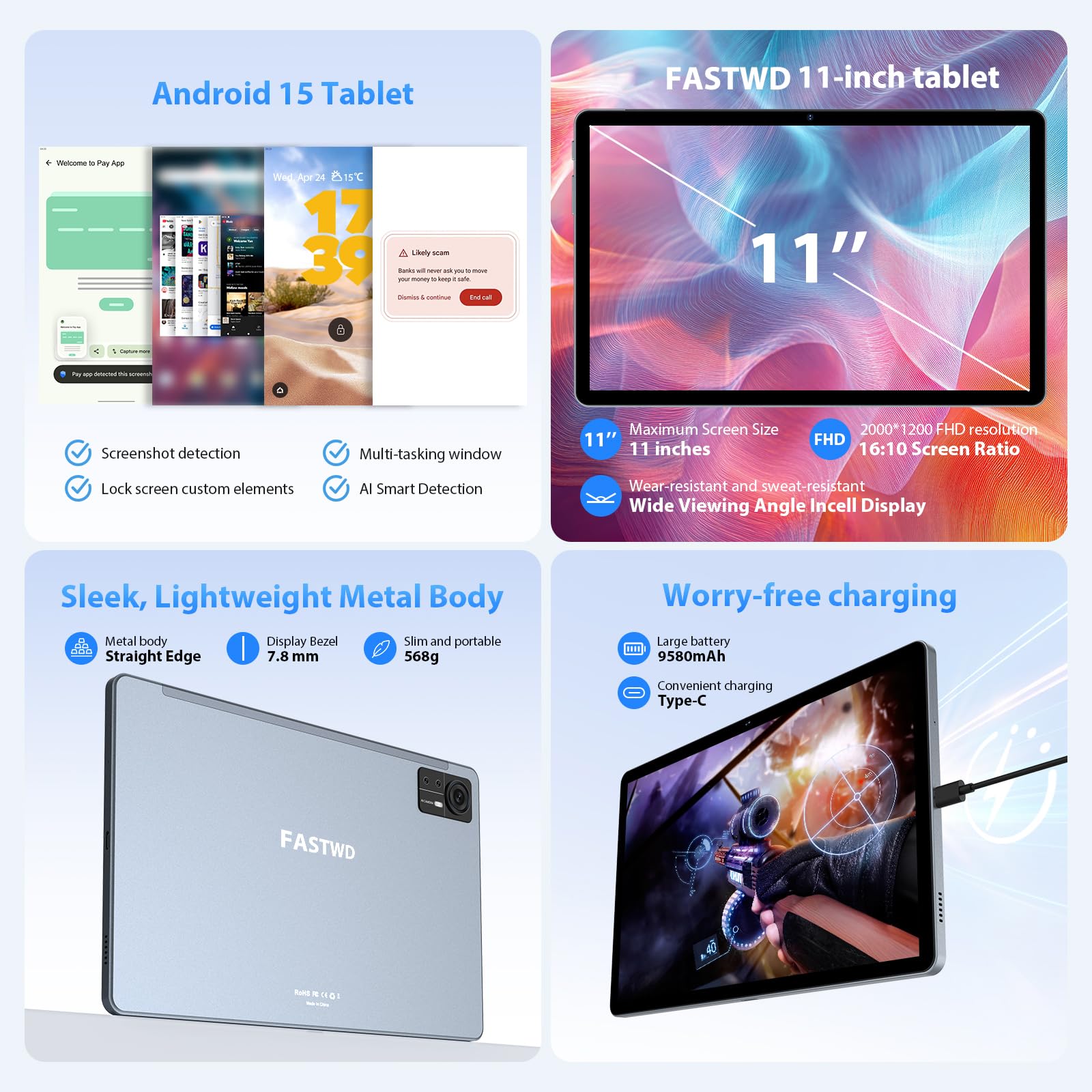 FASTWD Tablet Android 15-11 Pollici Tablet con 4G LTE e 5G WiFi,36GB RAM + 256GB ROM,5G WiFi,Octa Core,9580mAh,Foto AI 16MP+8MP,TÜV,GPS,Gemini AI,Tablets in Offerta con Widevine L1,Nero