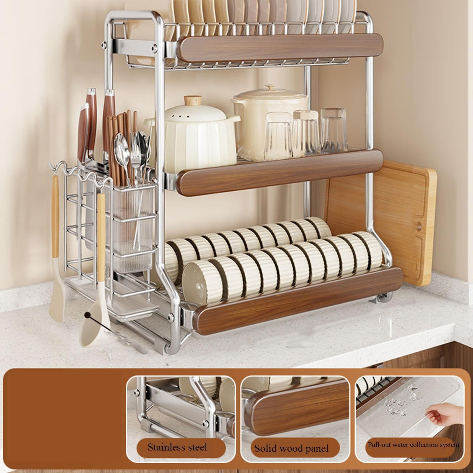 Égouttoir à vaisselle de comptoir pour cuisine, égouttoir en acier inoxydable, organiseur peu encombrant avec plateau d'égouttement, idéal pour les assiettes, les tasses et les ustensiles