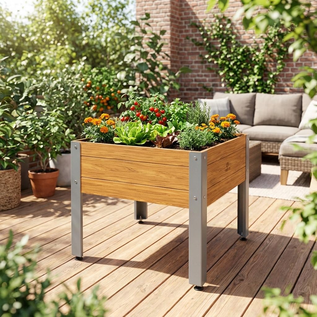 Suinga Mesa DE Cultivo Acero Galvanizado Efecto Madera. Largo 72cm x Ancho 72cm x Alto 65cm. Modelo Amsterdam Fabricado con Productos Capacidad para 134 litros sustrato o abono.
