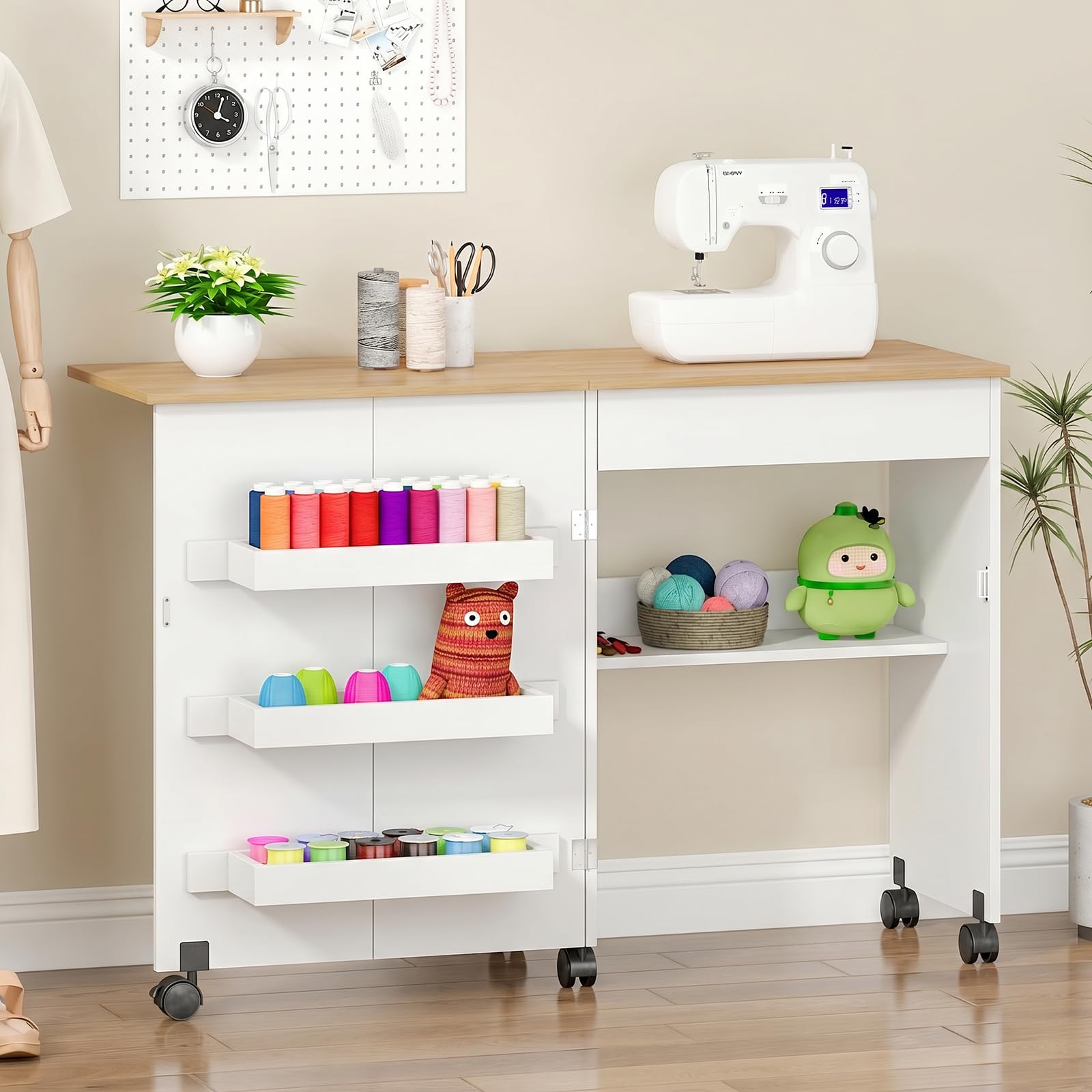Folding Sewing Table with Drawer&Open Storage Shelves,Sewing Desk w/Storage