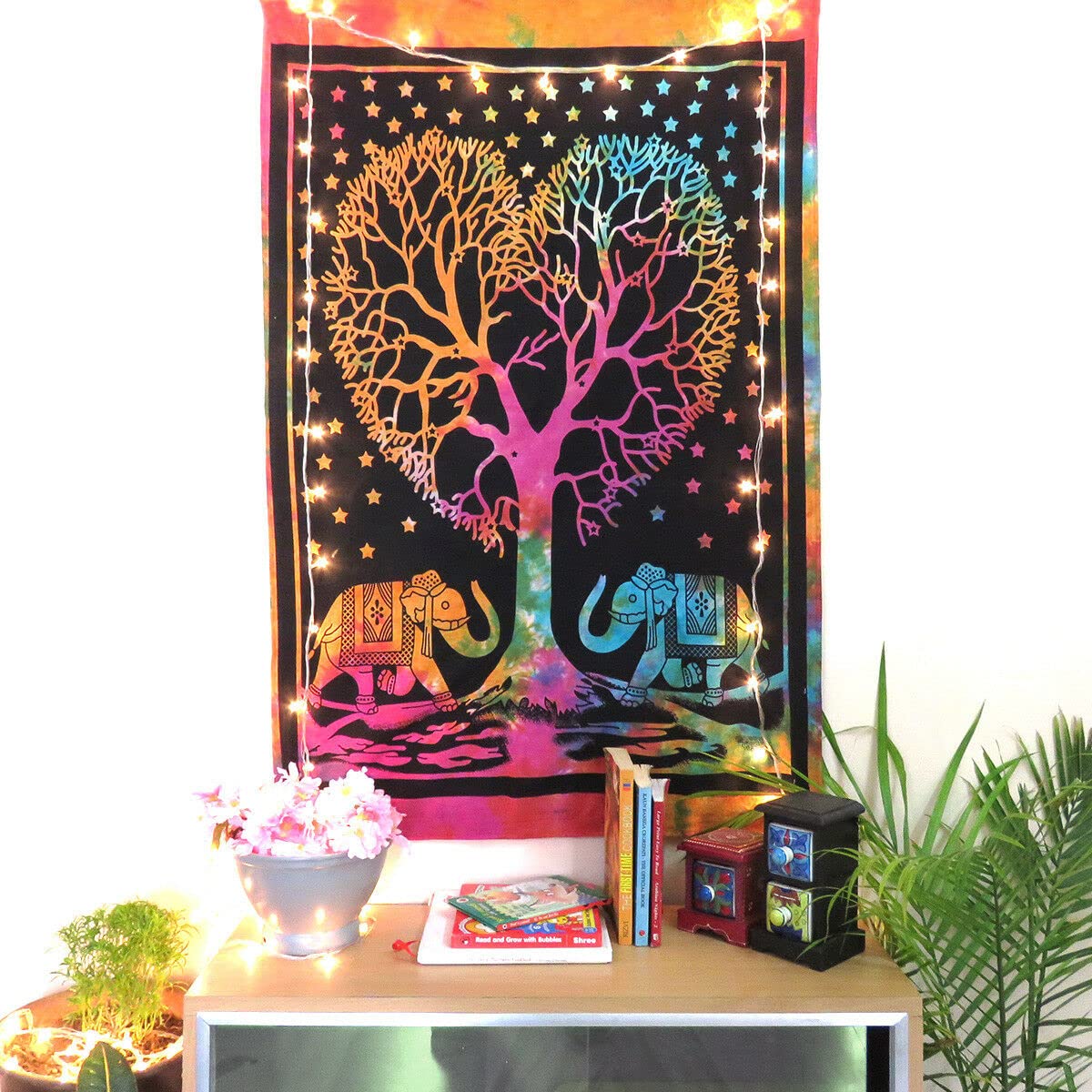 AVA Collections Multicoloured Elephant Tree of life Wall Hanging Tapestry Indian Colouful Mandala Art Tapestry 100% Cotton Small Boho Hippie Wall Art Poster 40x30 inches (7)