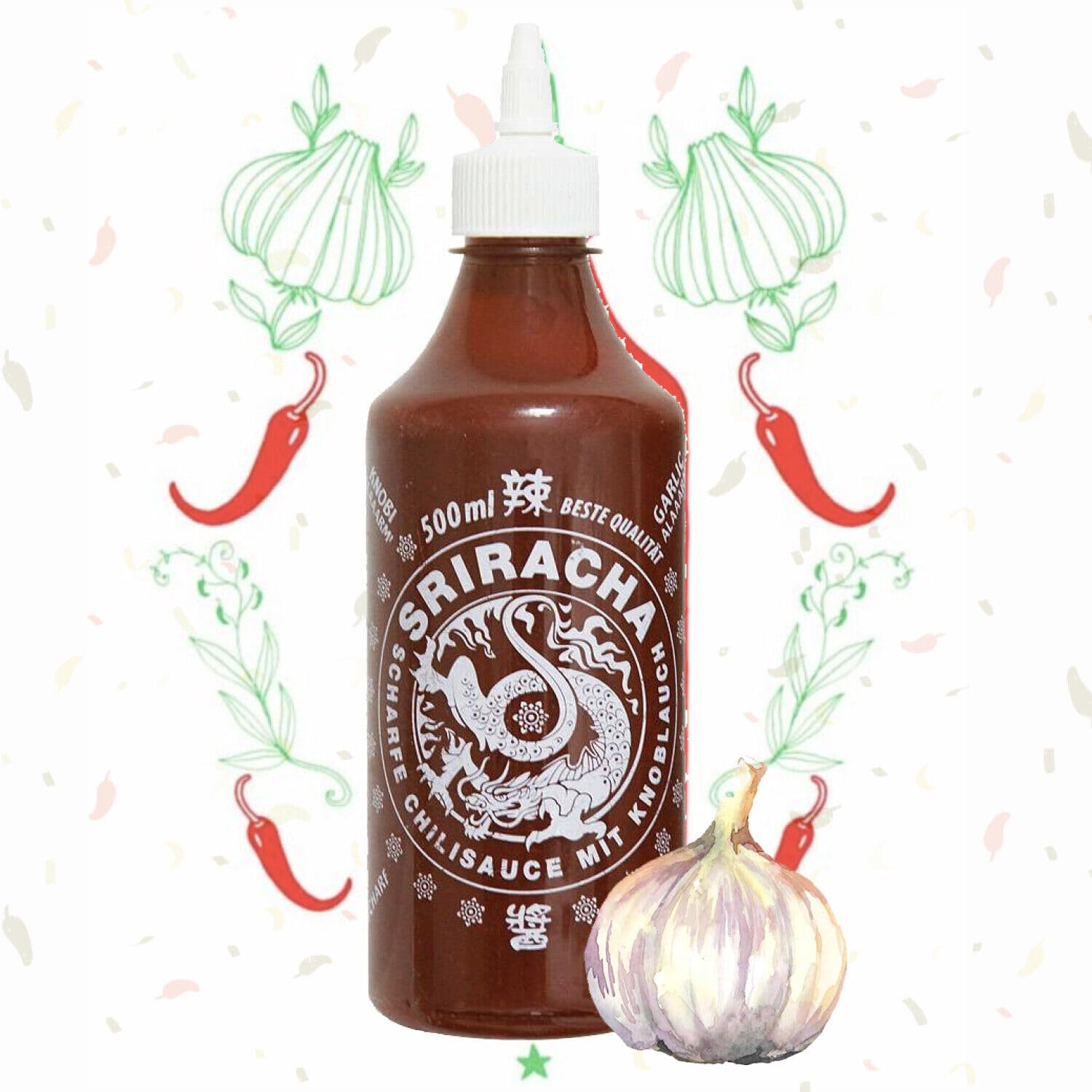 A-One Sriracha Salsa ajo, 12 x 500 ml, salsa extra de ají, 12 unidades