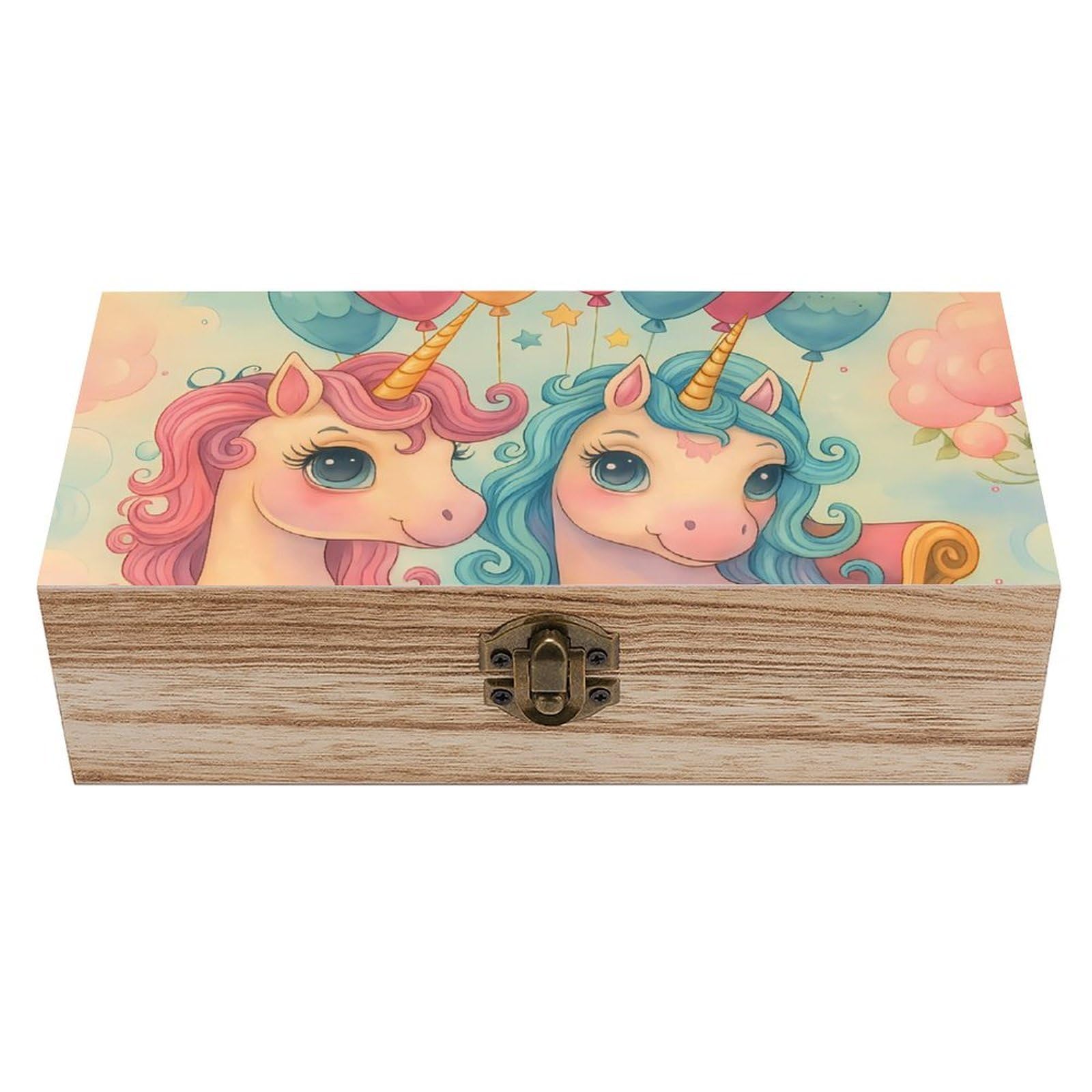 Oudrspo Unicorn Carriage And Colorful Balloom Retro Wooden Storage Box Keepsake Jewelry Decorative Art Storages Box Gift Boxs