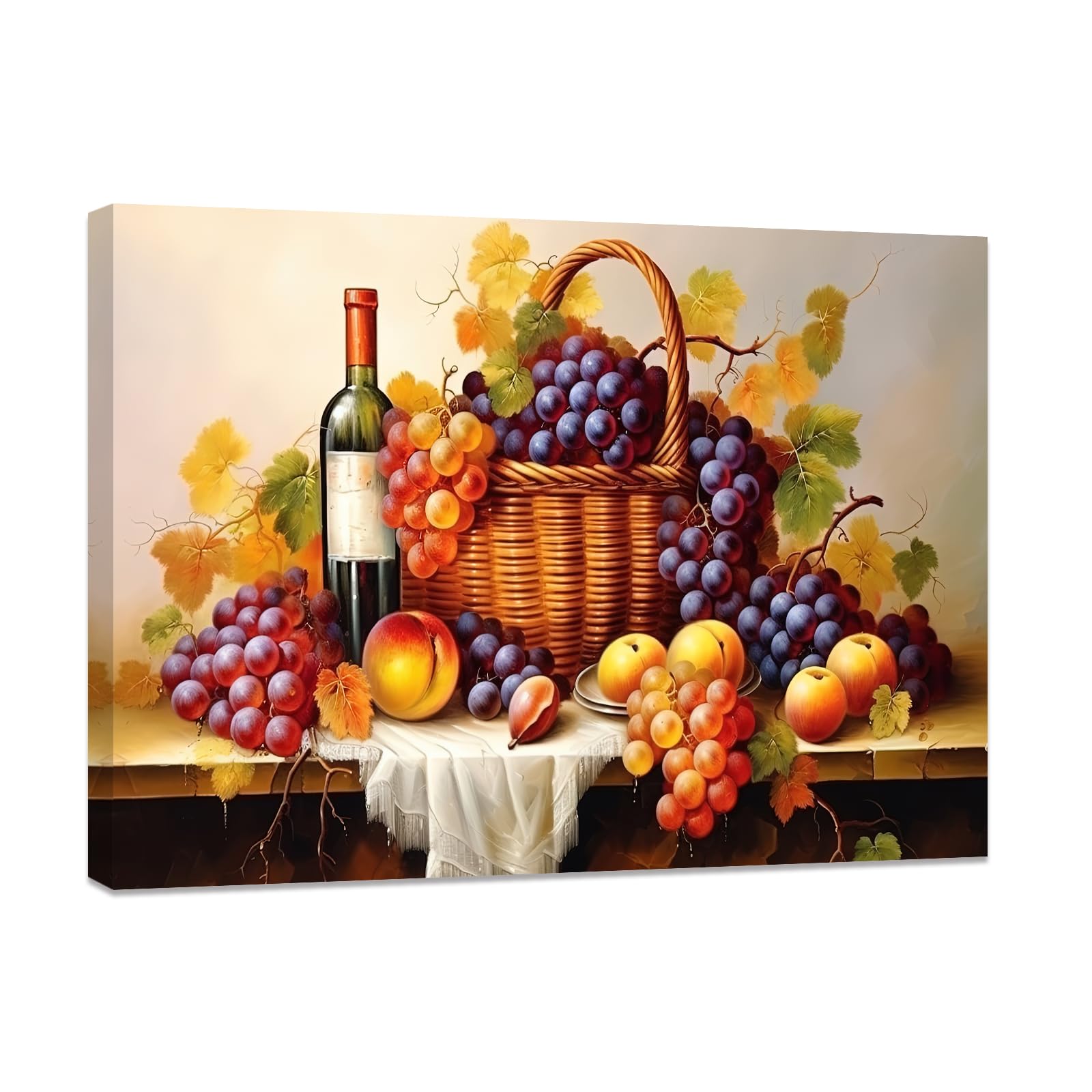 CCWACPP Kitchen Canvas Wall Art Grapes and Wine Painting Vintage Fruits Pictures Print Farmhouse Kitchen Restaurant Dining Room Wall Decor Framed (B