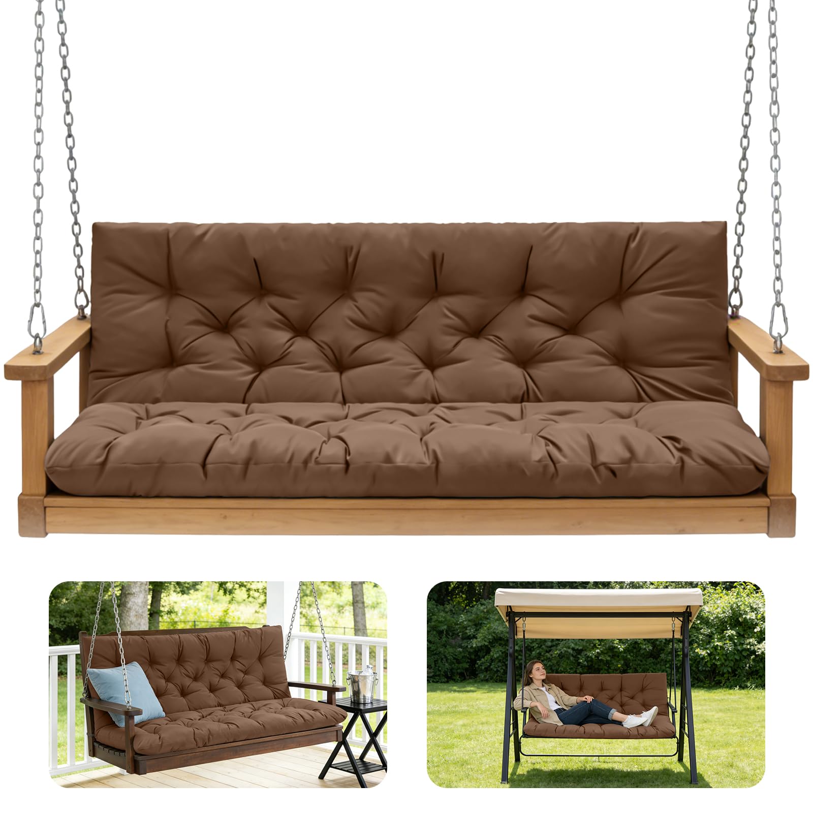 Photo 1 of ** PARTIAL SET ** GPQAWER Porch Swing Cushions,Outdoor Cushions 3 Seater Replacement with Backrest, Waterproof Thickened Bench Cushion with Ties for Porch, Patio,Outdoor, Backyard and Garden(Coffee 36 in)