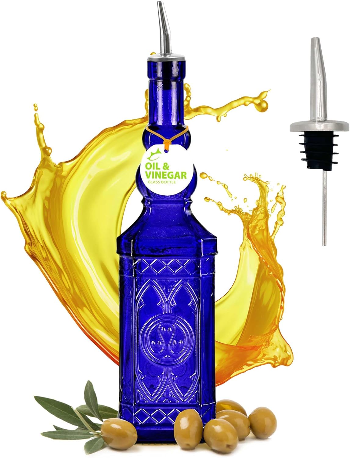 COURONNE CO. Ornate Recycled Glass Oil or Vinegar Bottle with Pour Spout, BG5033P15, 14 Inch Tall, 23.7 Ounce, Cobalt Blue