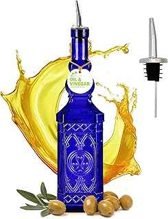 COURONNE CO. Ornate Recycled Glass Oil or Vinegar Bottle with Pour Spout, BG5033P15, 14 Inch Tall, 23.7 Ounce, Cobalt Blue