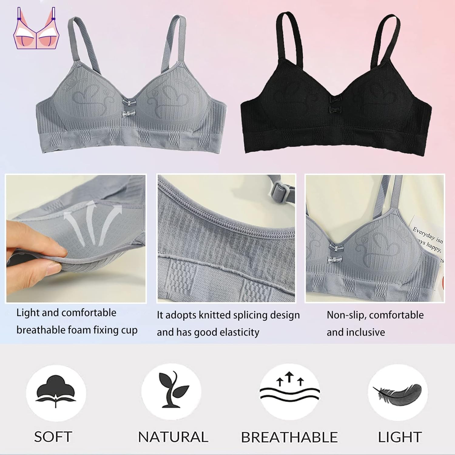 Teen Girls Cotton Bras Breathable Underwear Wire Free Sports Bra with Adjustable Straps Training Bralette - Image 3