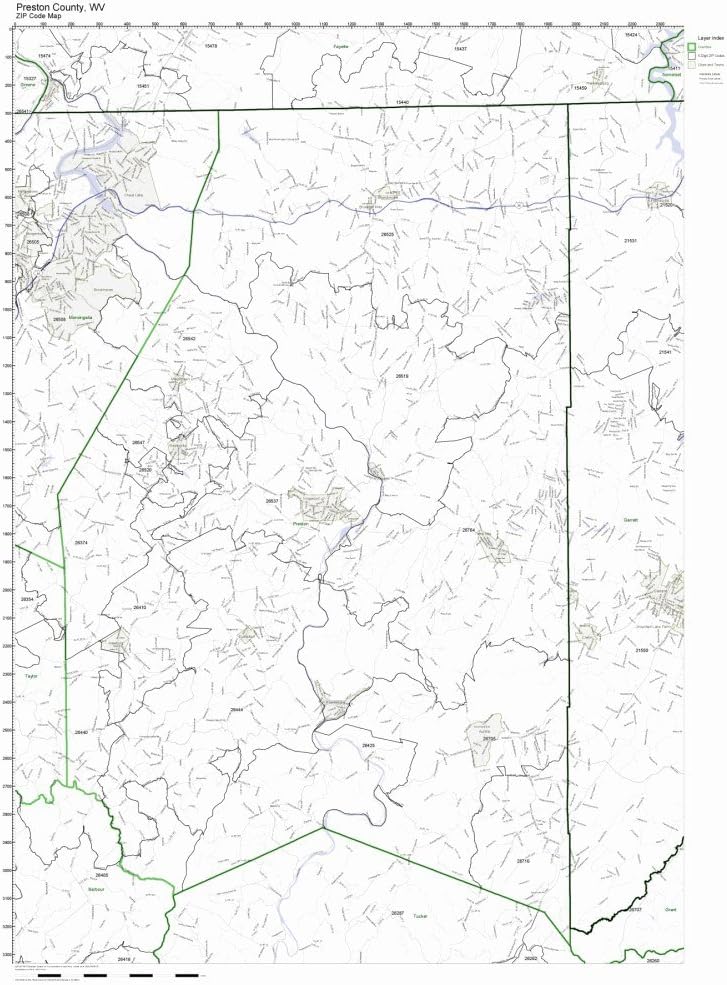 Preston County, West Virginia WV ZIP Code Map Not Laminated
