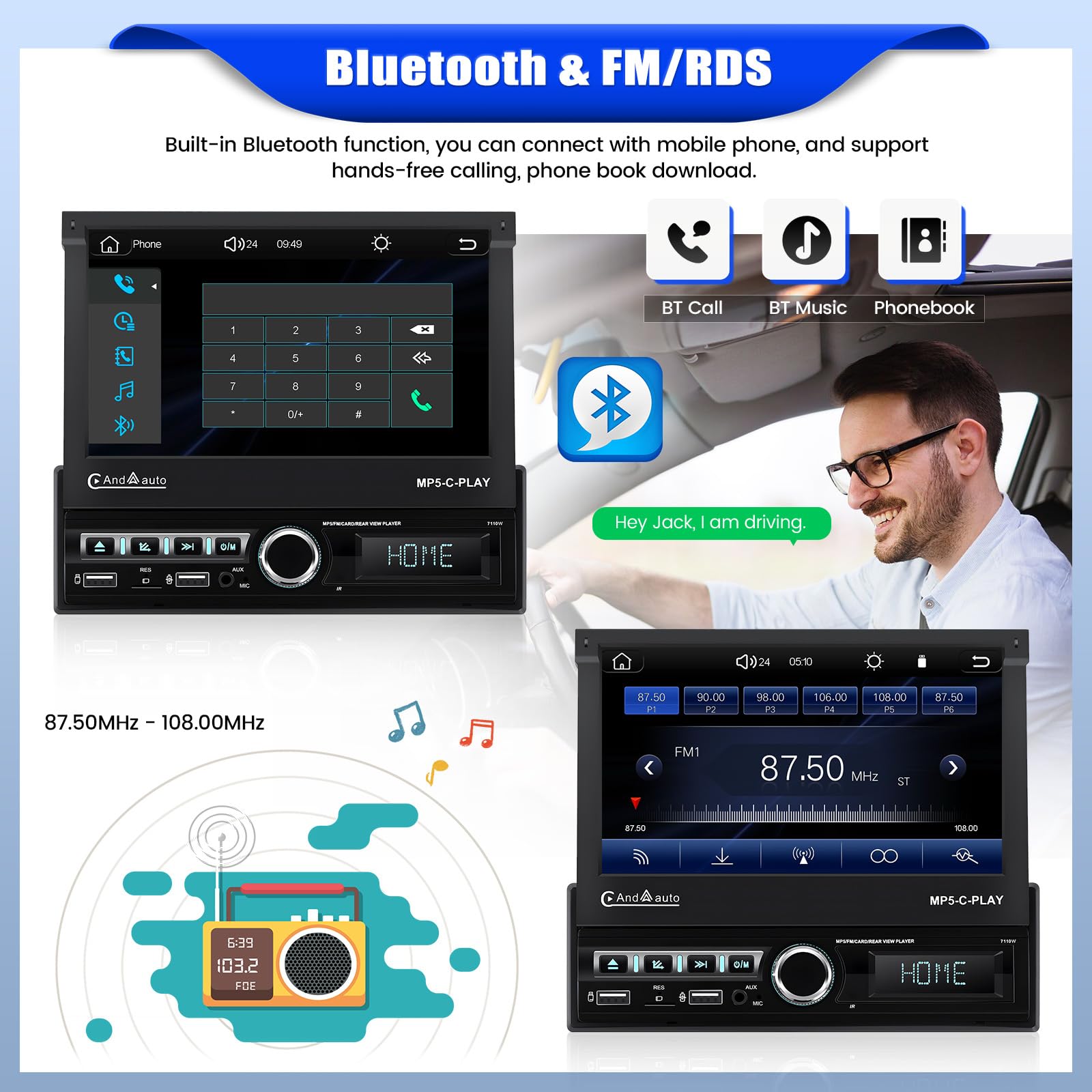 CAMECHO Autoradio 1 Din avec sans Fil Carplay & Android Auto, Ecran Motorisé Extensible Rétractable de 7 Pouces Poste Radio Voiture avec Mirror Link Bluetooth FM/RDS EQ USB AUX SWC Caméra de recul+MIC