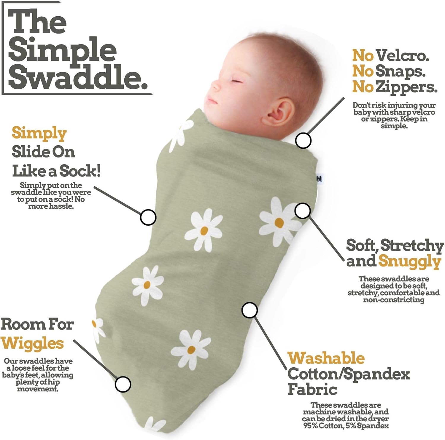 Henry Hunter Baby Swaddle Sack | The Simple Swaddle | Soft Stretchy Cotton Swaddles for Newborns | Baby Swaddles 0-3 Months, Swaddle Blankets Baby Girl, Pack of 3, Daisy | Lavender | White Heather - Image 2