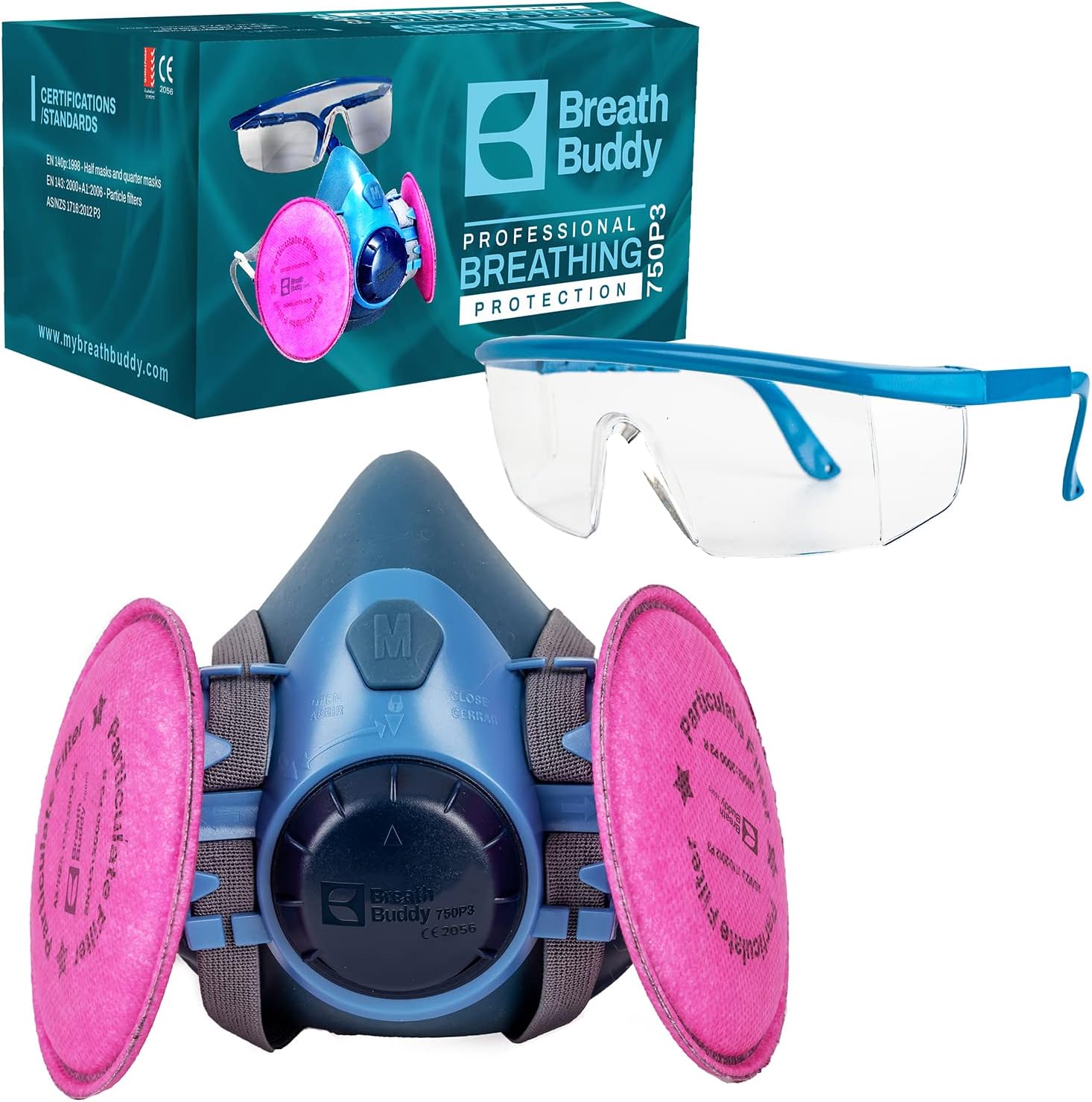 Respirator Mask (Plus Safety Glasses) Reusable Professional Breathing Protection Against Dust, Lead Paint (750P3)
