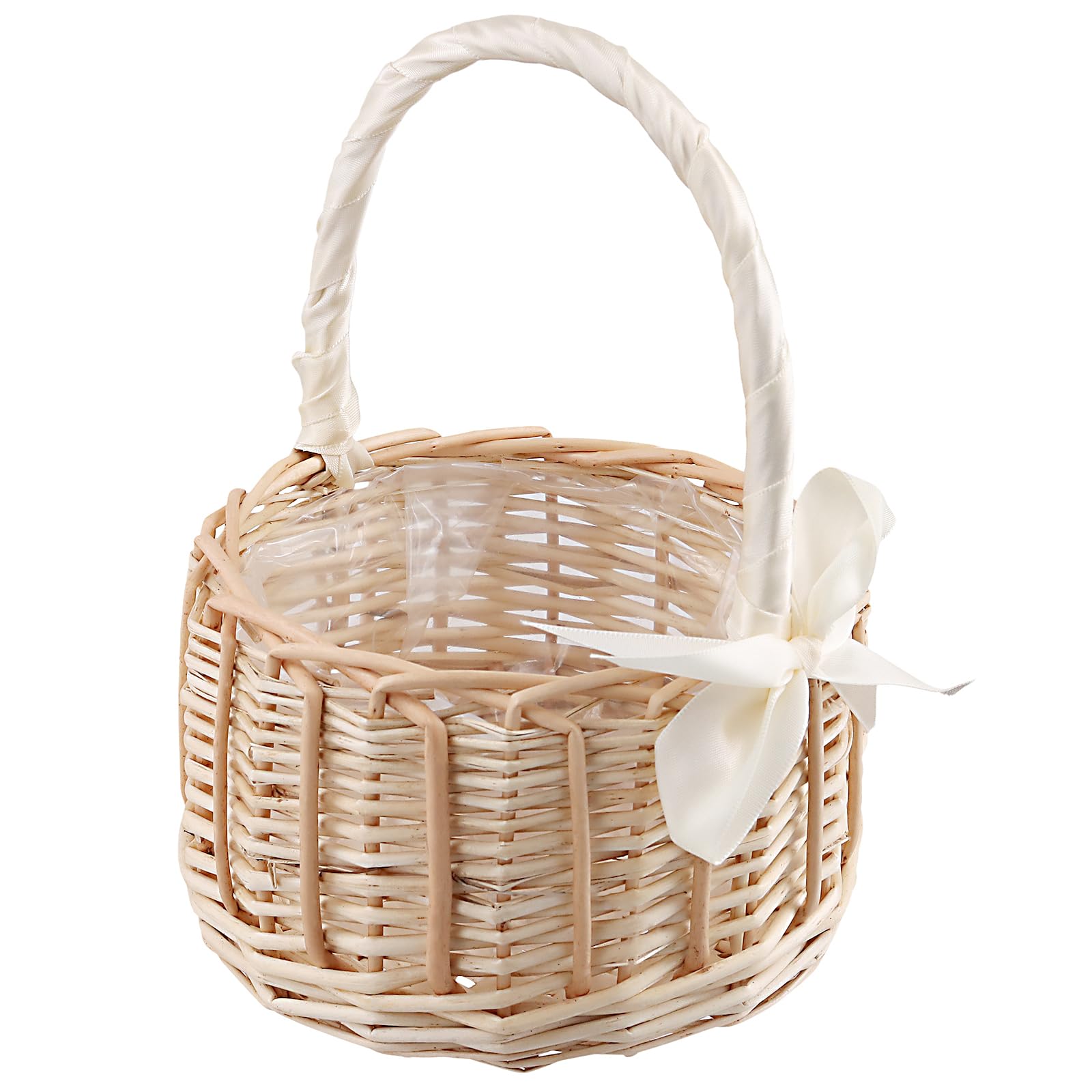 FUNSUEI 2 Stück Blumenkorb Hochzeit mit Schleife, 15 x 19 cm Blumenkörbe Blumenmädchen Korb, Klein Rattan Geflochtener Blumenkorb mit Henkel für Deko, Hochzeit