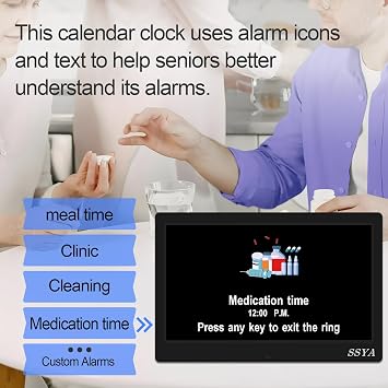 SSYA Dementia Clock for Seniors, Digital Clock with Date and Day of Week, Auto DST, Non-Abbreviated Large Calendar Alarm Clocks (Black)