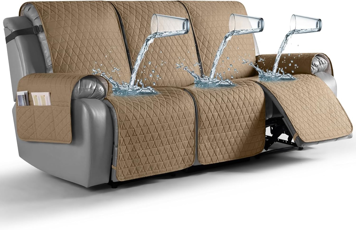 TAOCOCO 100% Waterproof Recliner Cover, Non-Slip Washable Reclining Couch Cover with Elastic Leg Straps, Furniture Protector for Dogs (Camel, 3 Seater)