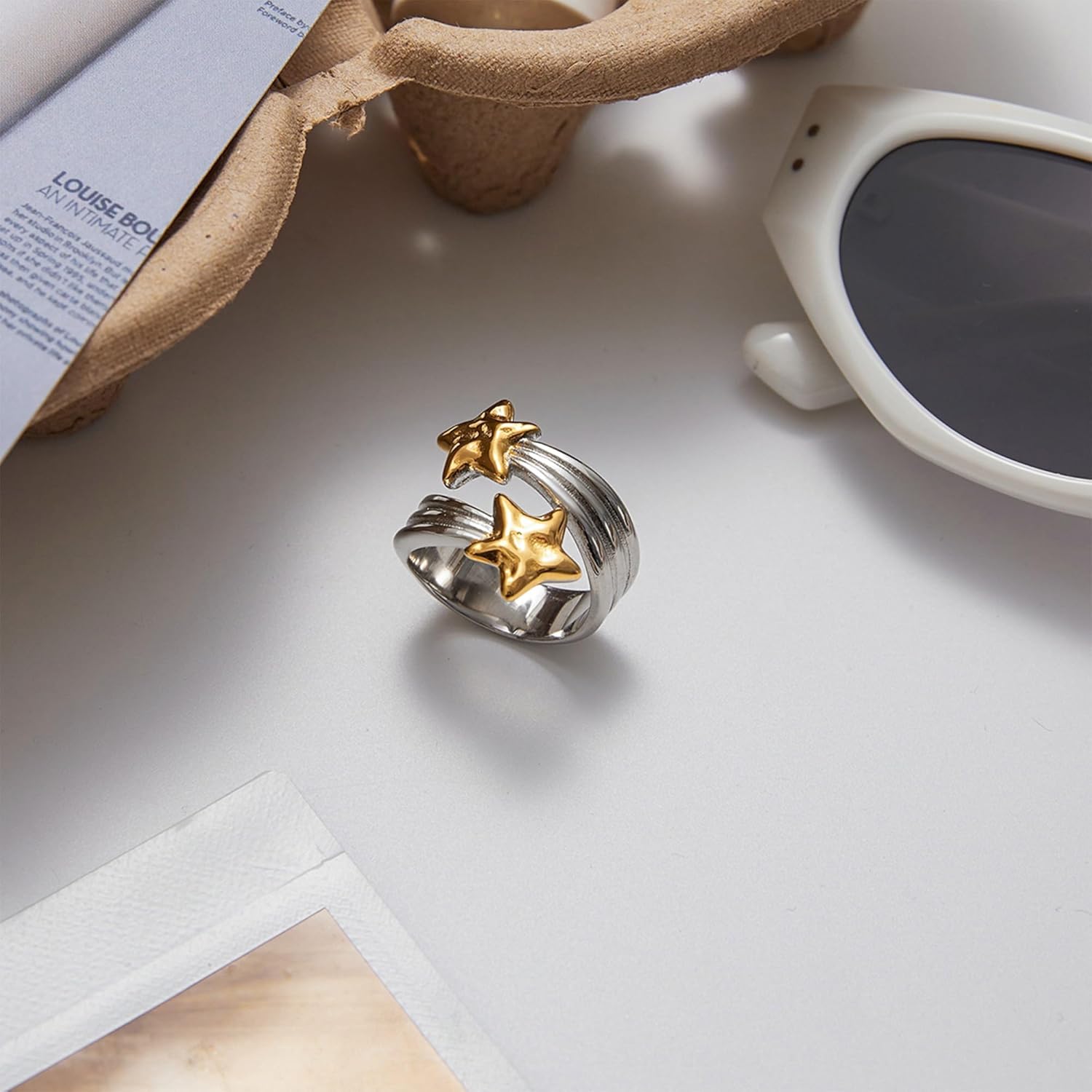 Two Tone Chunky Statement Ring for Women Unique Stars Mixed Metal Rings Vacation Jewelry - Image 5