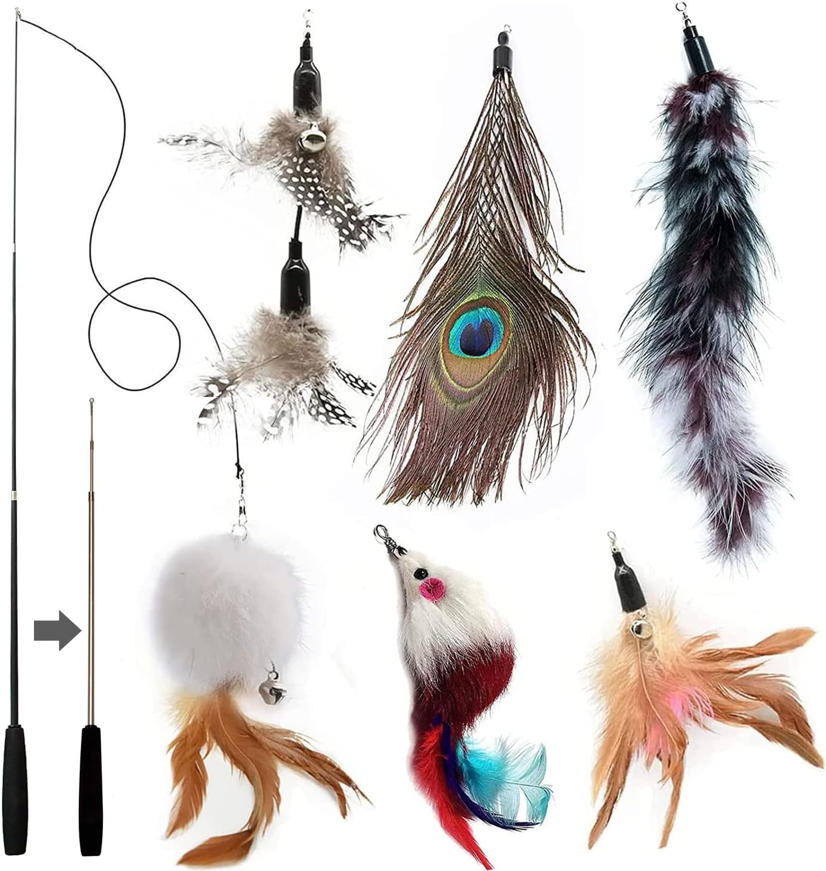 Cat Toys, Cat Feather Toys, Interactive Cat Teasers Wand Toys 6Pcs, Cat Toys for Indoor Cats Adult Kitten