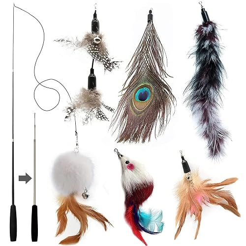 MAIYADUO Juguete de la Pluma del Gato Entrenamiento telescópico Interactivo Natural de Plumas Varita Gato…