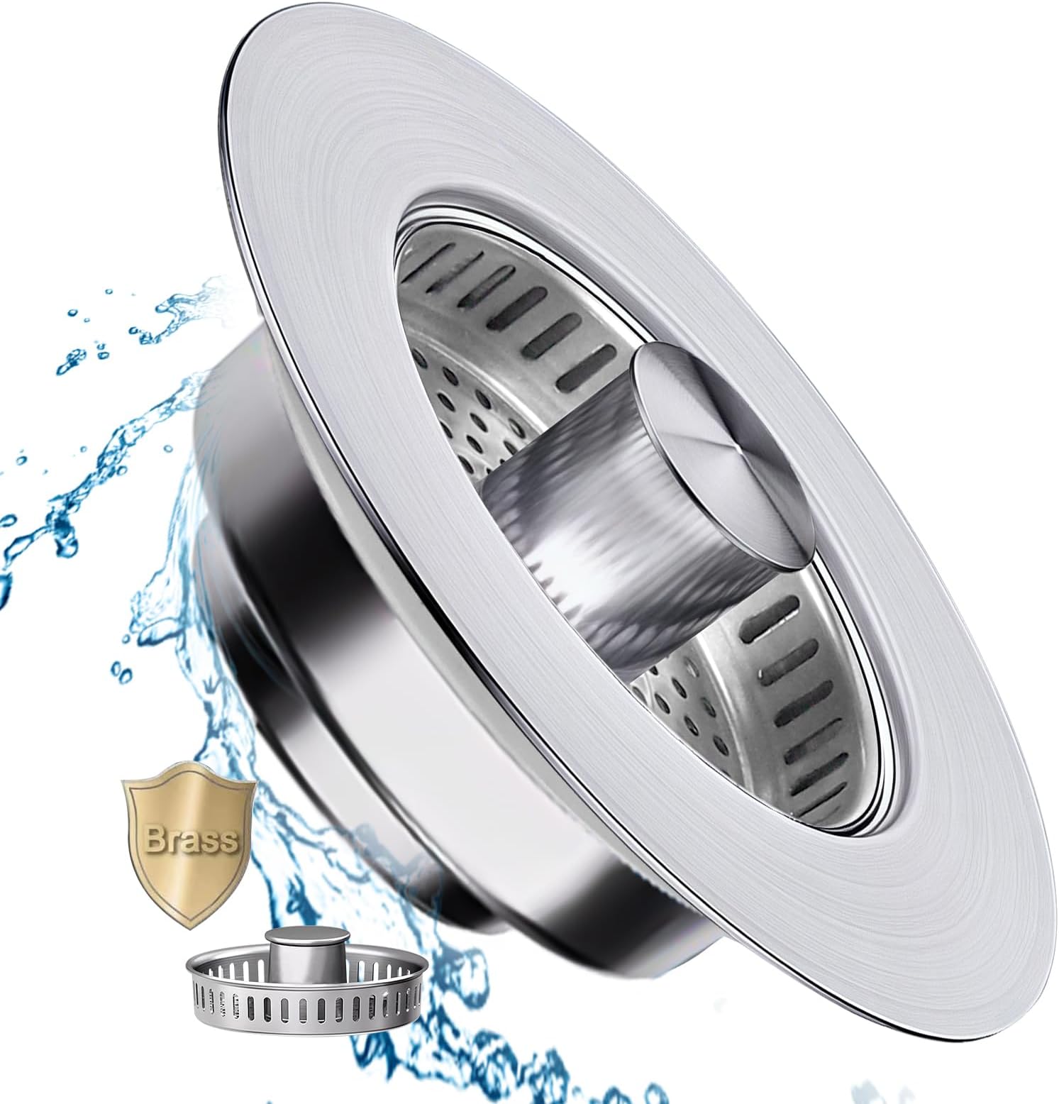 ユニバーサルキッチンシンク排水ストレーナー 3イン1 【304ステンレススチール&真鍮素材】ポップアップキッチンシンクストッパー、メタルバスケットストレーナー、シンクストレーナーストッパー、米国標準3 1/2インチキッチンドレイン用。