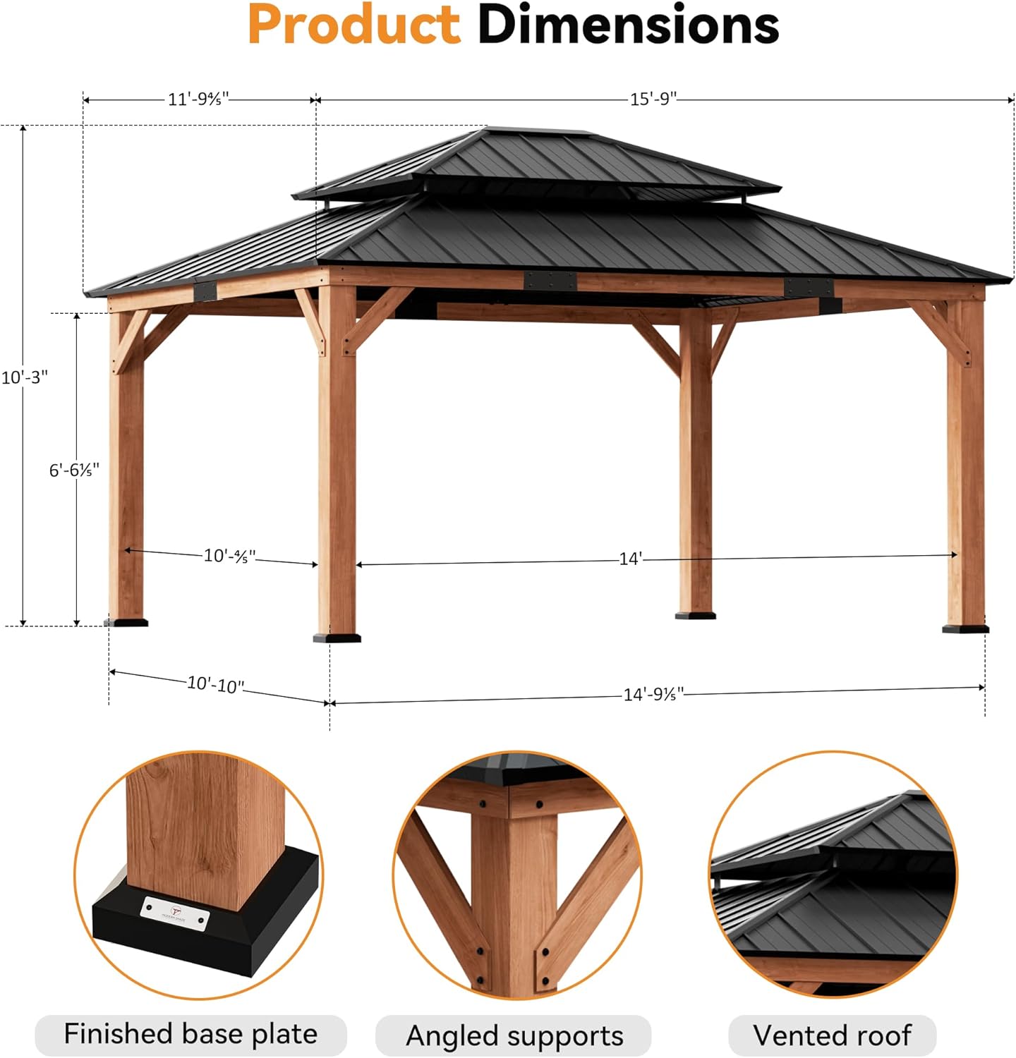 Modern Shade Rosewood Wood Gazebo 12' x 16', Hardtop Gazebo Permanent with Double Galvanized Steel Roof, Cedar Outdoor Gazebo with Sturdy Hooks for Garden, Backyard, Patio, and Deck