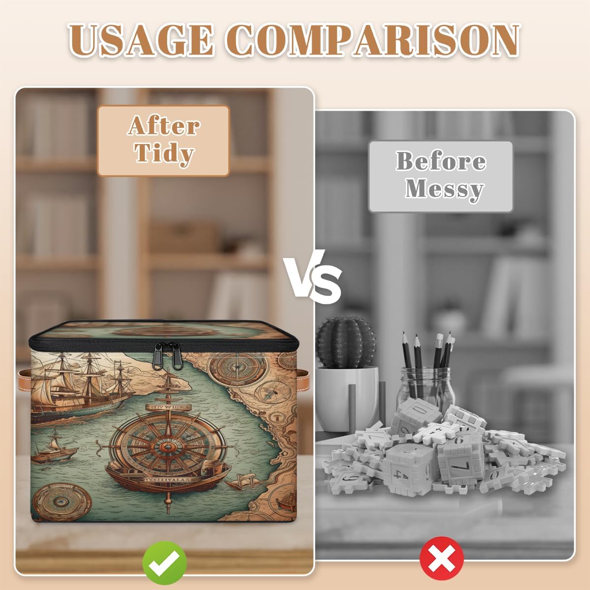 Storage Bin Set of 2 Nautical Compass Storage Basket with Zipper Lid & Handle Foldable Closet Shelf 2 Pack Cloth Organizer Basket Cube Bins Clothes Organizer for Nursery, Bedroom