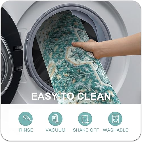 Miniatura 4 de Collive Tapete lavable para interiores, tapete retro antideslizante de 20 x 32 pulgadas, tapete pequeño verde de absorción rápida, tapete de entrada