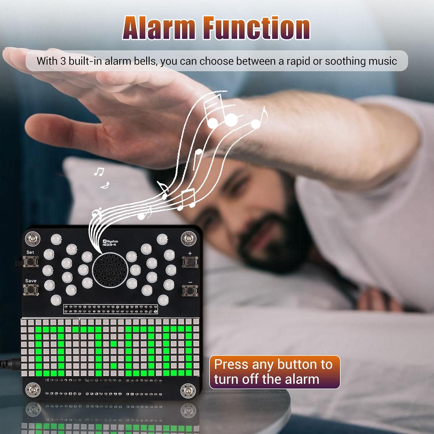 Person reaching to turn off an alarm on the IS RGB 4-Digit DIY Clock