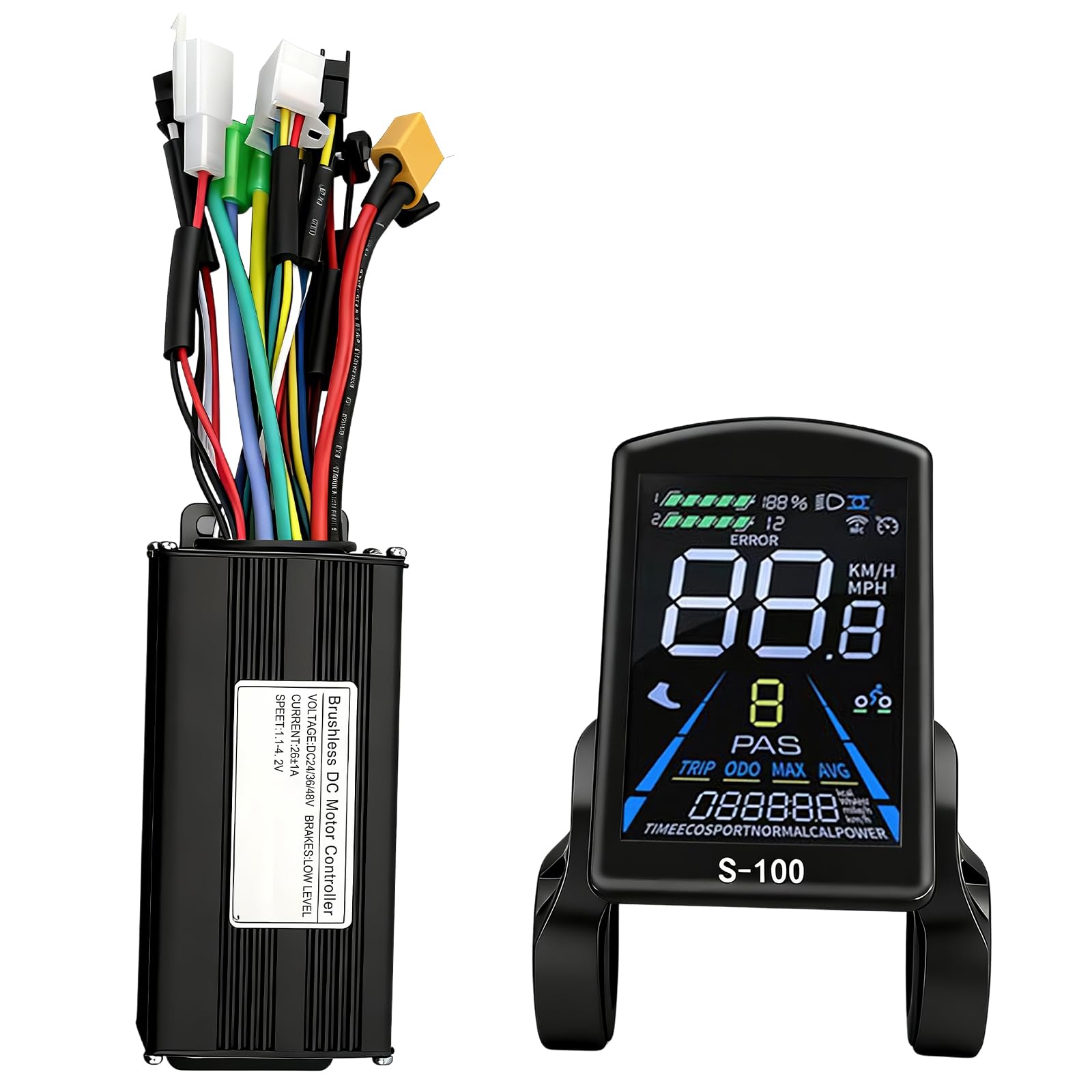 Kit de Contrôleur de Moteur sans Balais pour Vélo Électrique, 36V 48V 500W 750W 26A 3 Modes Contrôleur à Onde Sinusoïdale avec Panneau d'Affichage LCD Couleur S-100 Étanche